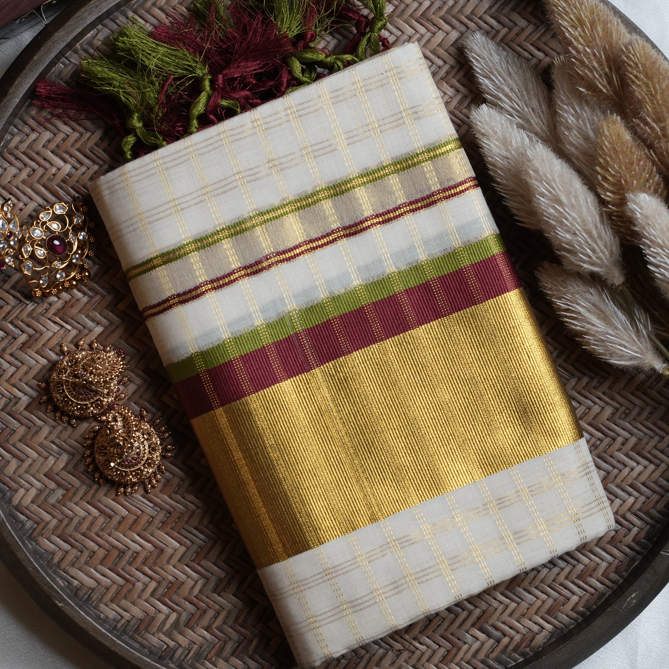 🍒 Crimson & Olive Meadow: Premium Kerala Set Mundu with Gold Checks, Maroon & Olive Green Borders 🌿