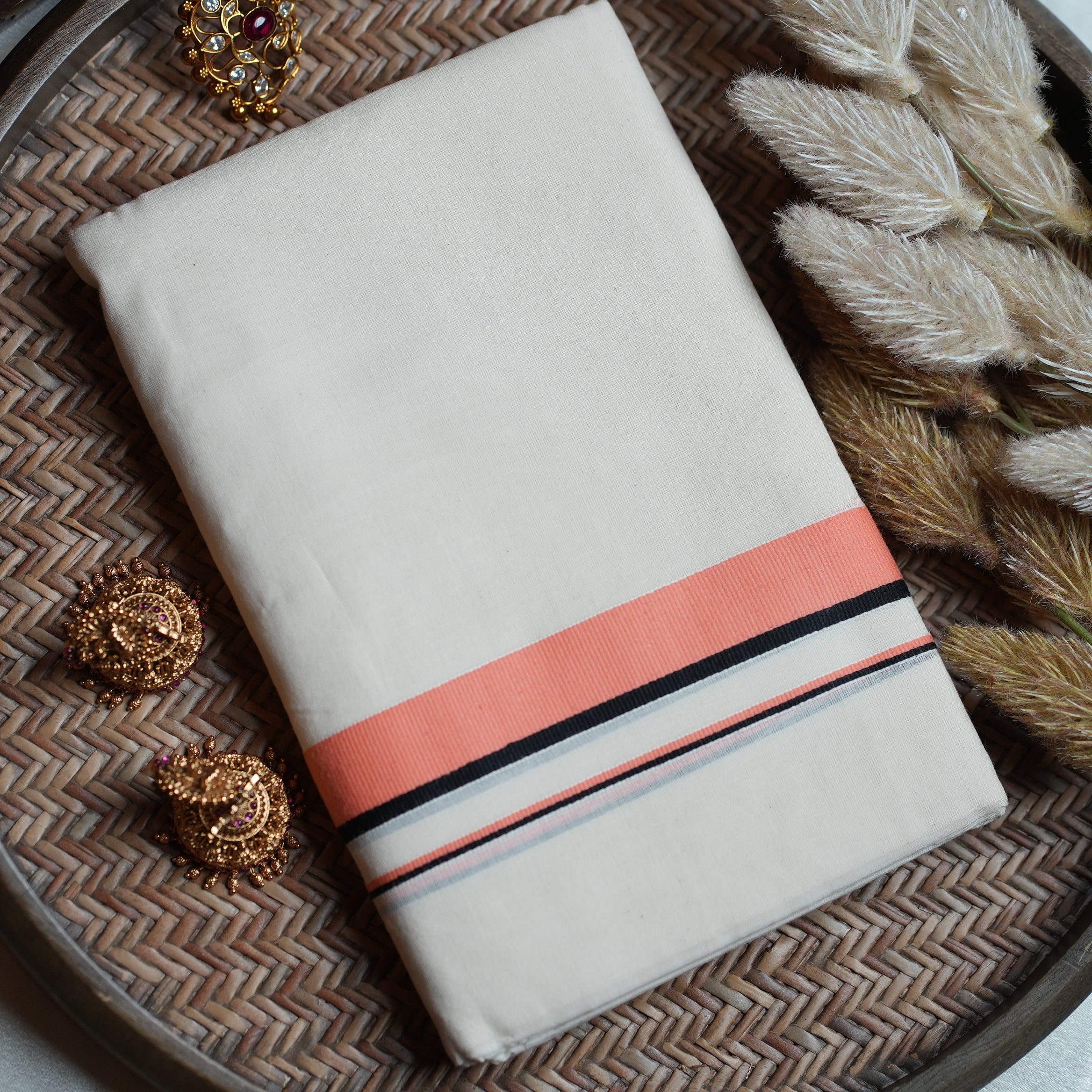 🍑 Off-White Kerala Cotton Mulloth Single Set Mundu with Coral Peach & Black Striped Borders ✨🌾
