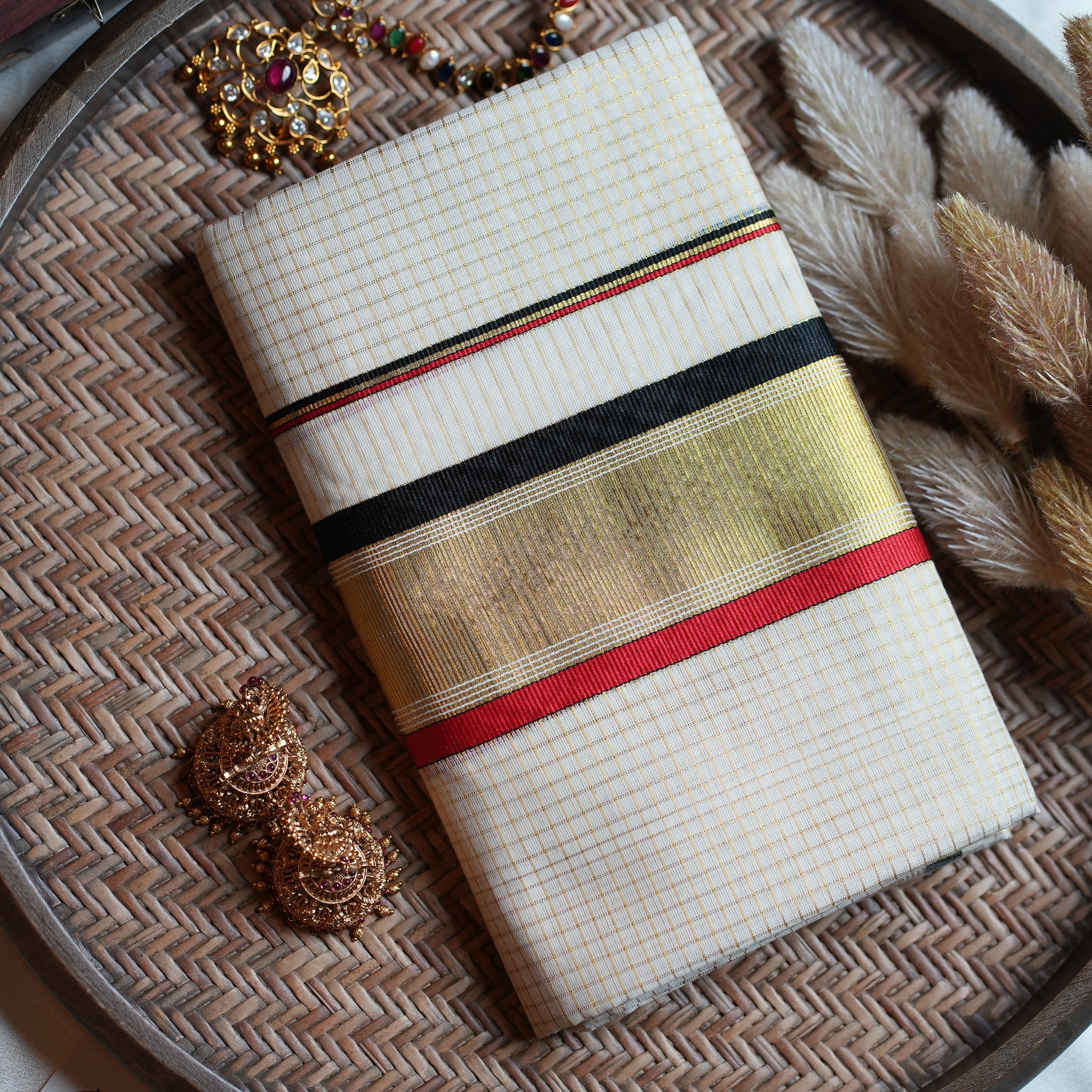 ✨ Classic Off-White Cotton Set Mundu with Gold Kasavu & Tri-Color Borders ✨