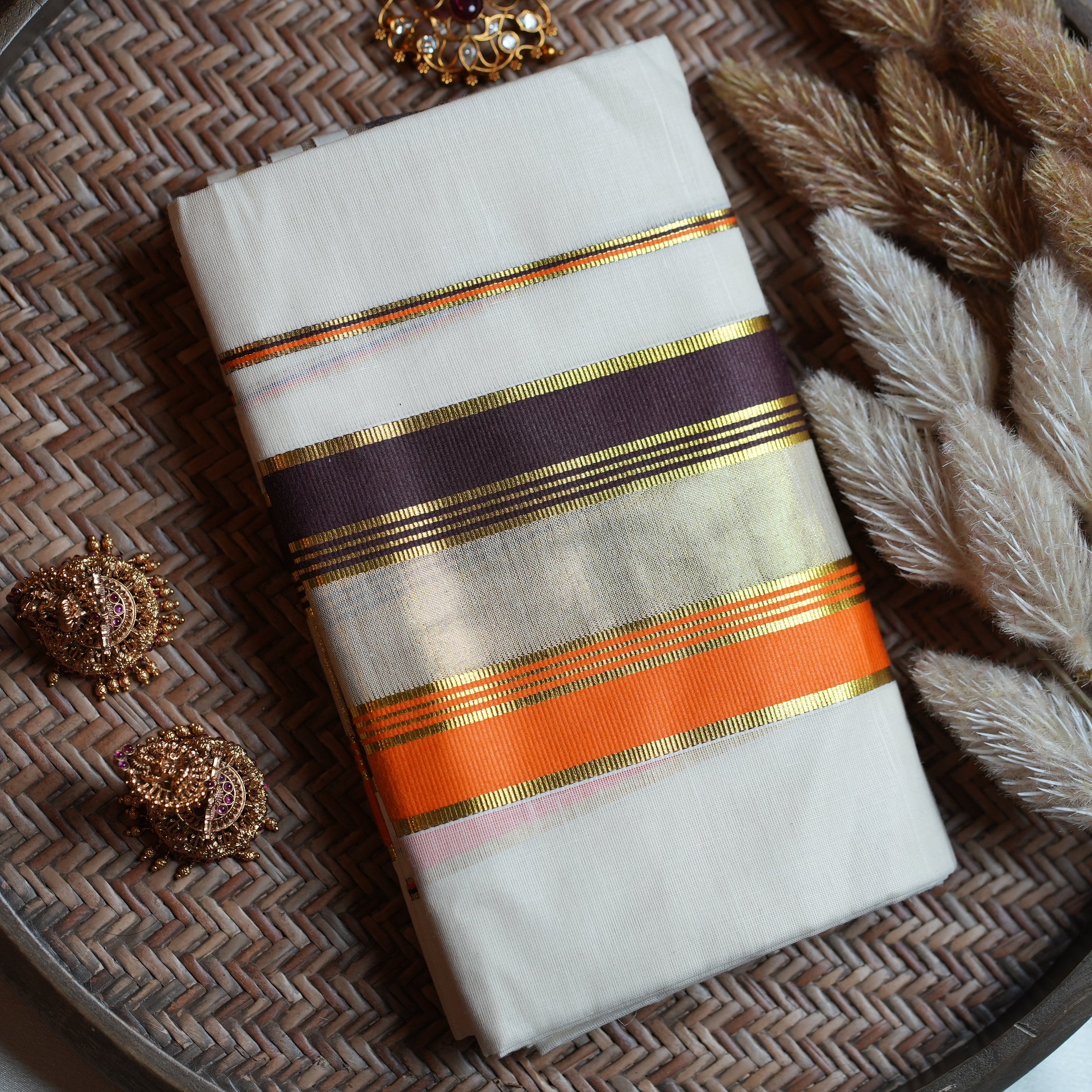 🧡 Off-White Cotton Kerala Set Mundu with Burnt Orange & Chocolate Brown Borders ✨🌾