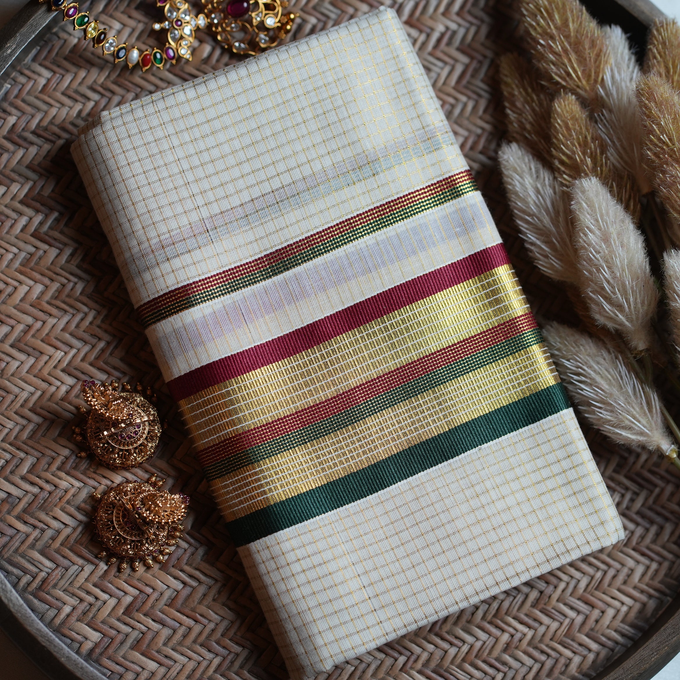 Designer Kerala Set Mundu with Multi-Color Stripes and Golden Zari
