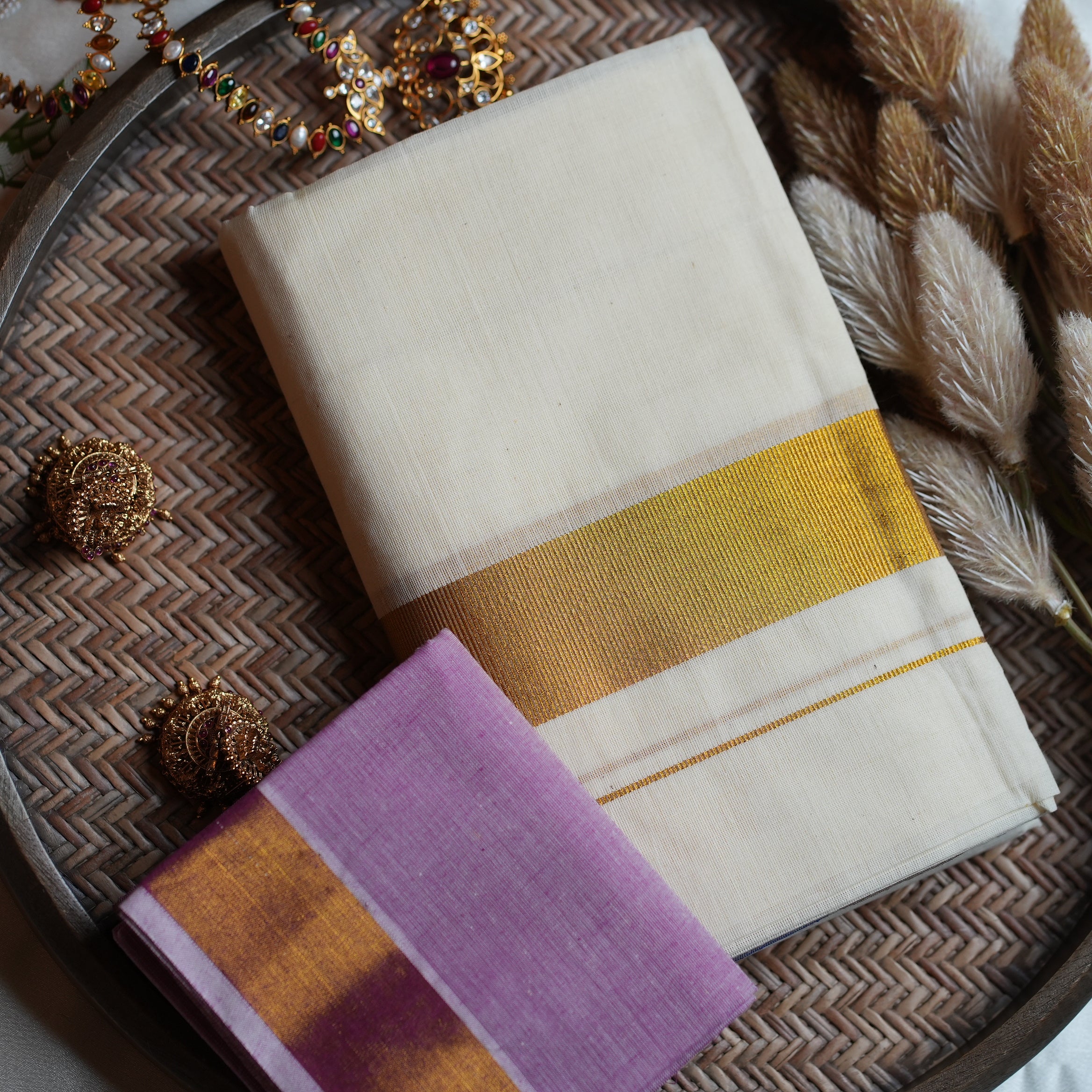 🌸 Soft Lilac & Gold Cotton Kerala Set Mundu with Matching Blouse 🌟