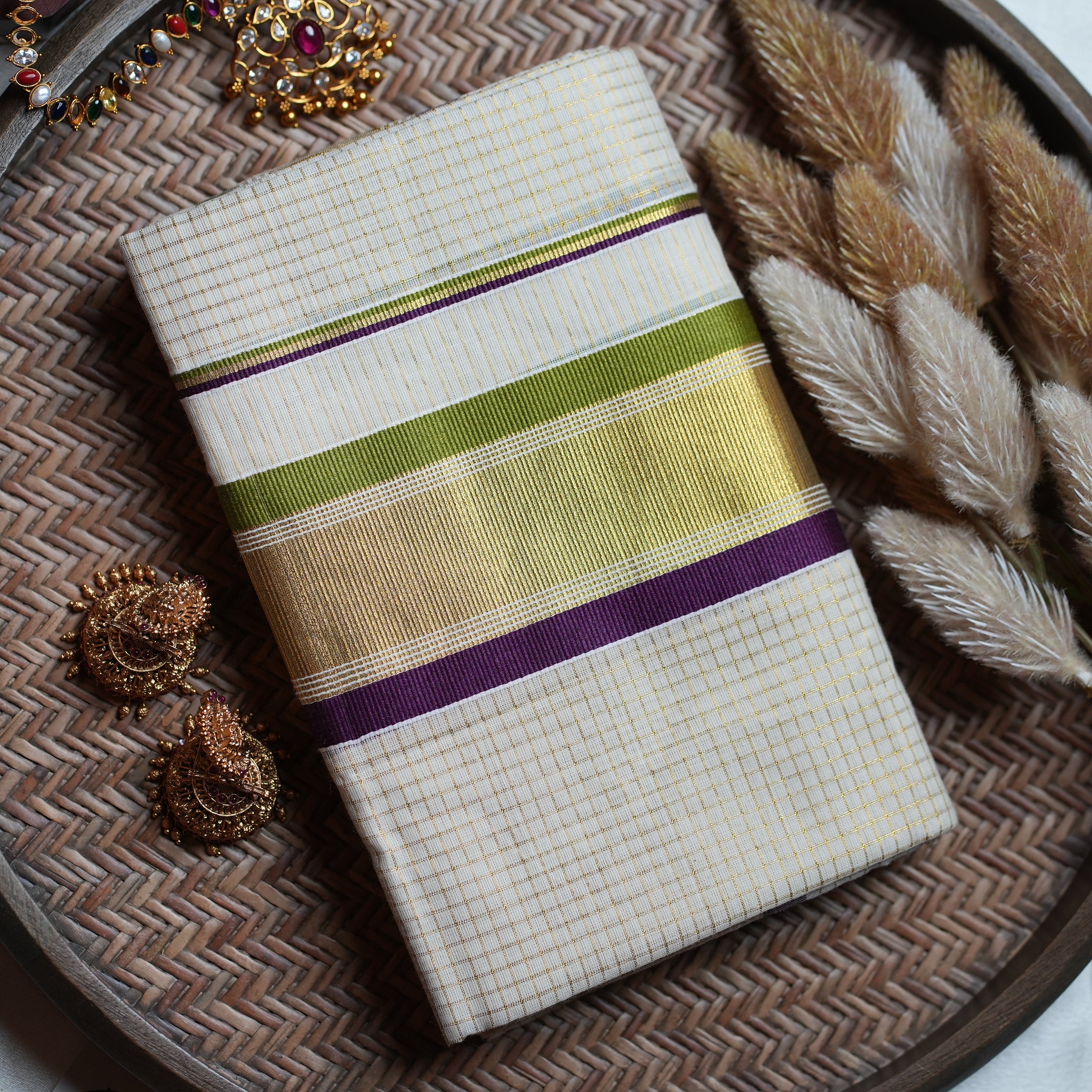 💜 Olive & Purple Kasavu Cotton Kerala Set Mundu 🌟