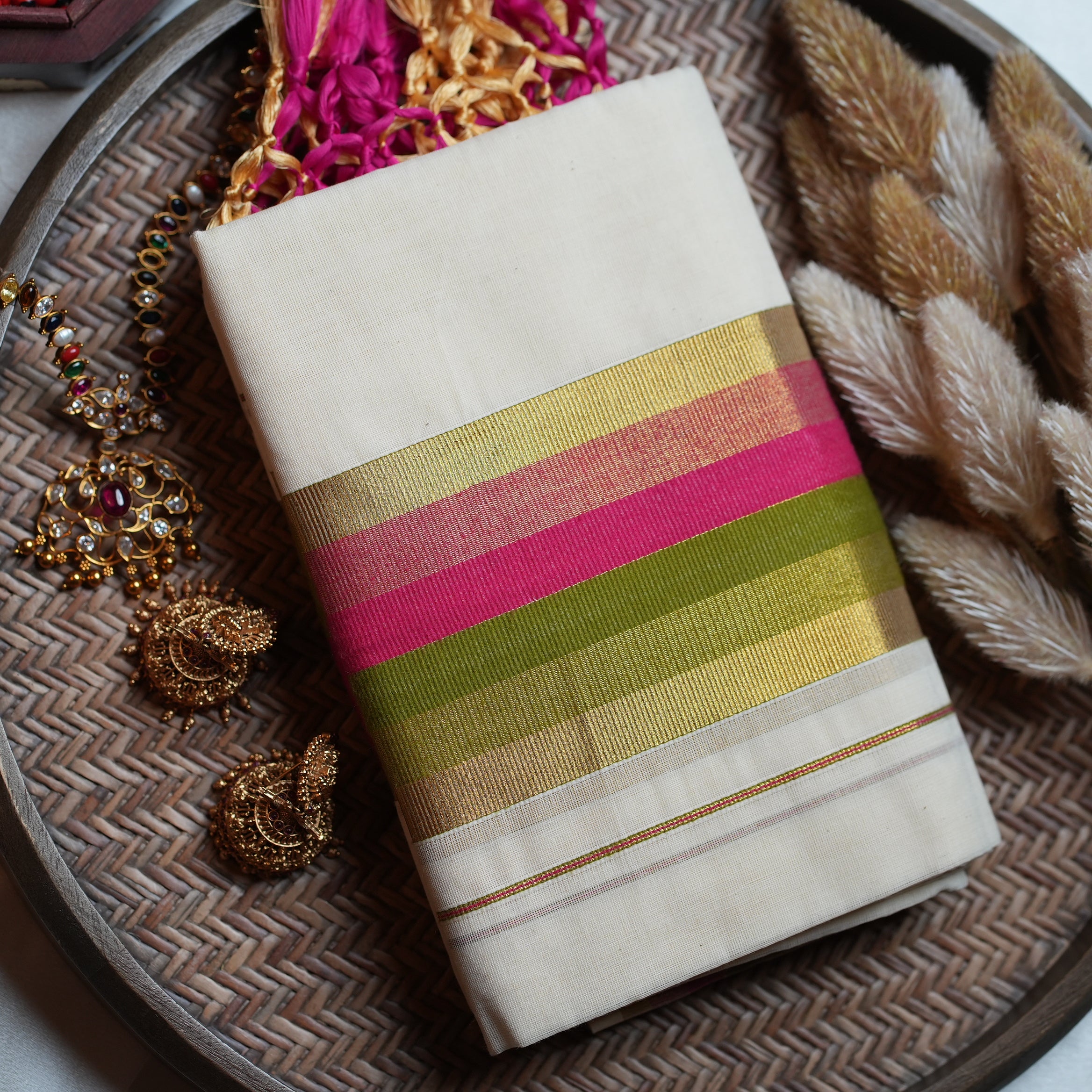 🌺 Magenta & Olive Green Stripe Cotton Kerala Set Mundu 🌟