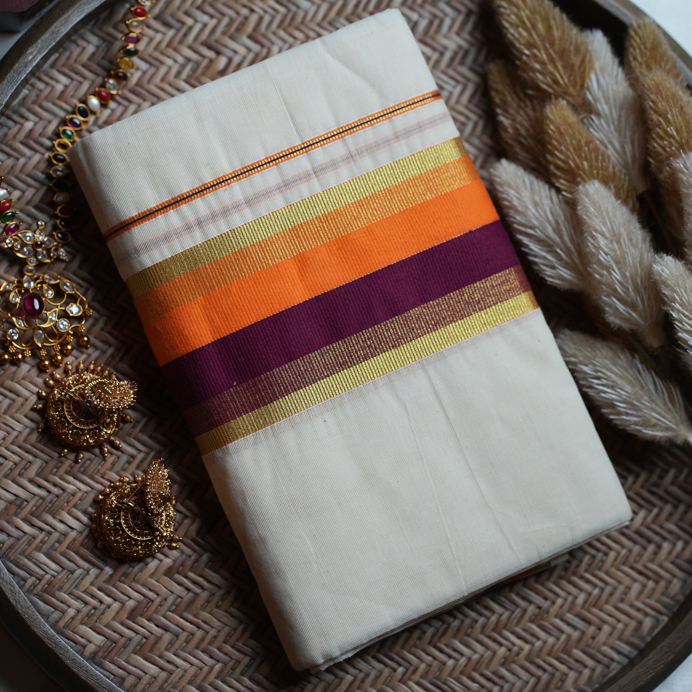 🍊 Bright Orange & Plum Kasavu Cotton Kerala Set Mundu 🌟