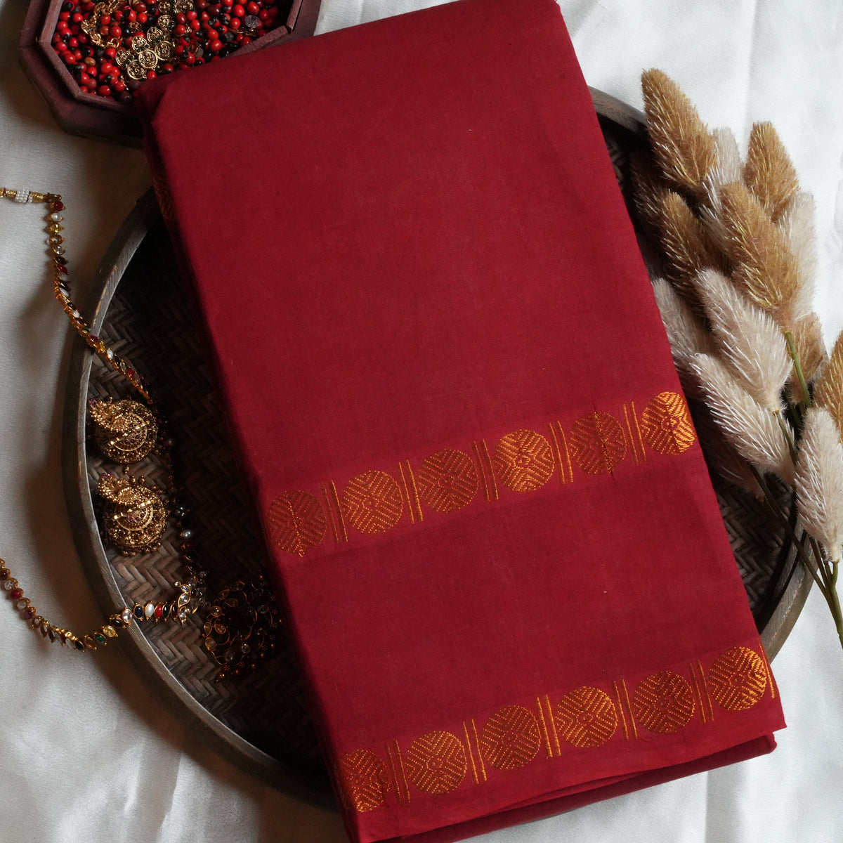 ❤️ Crimson Red Sungudi Cotton Saree 🌟