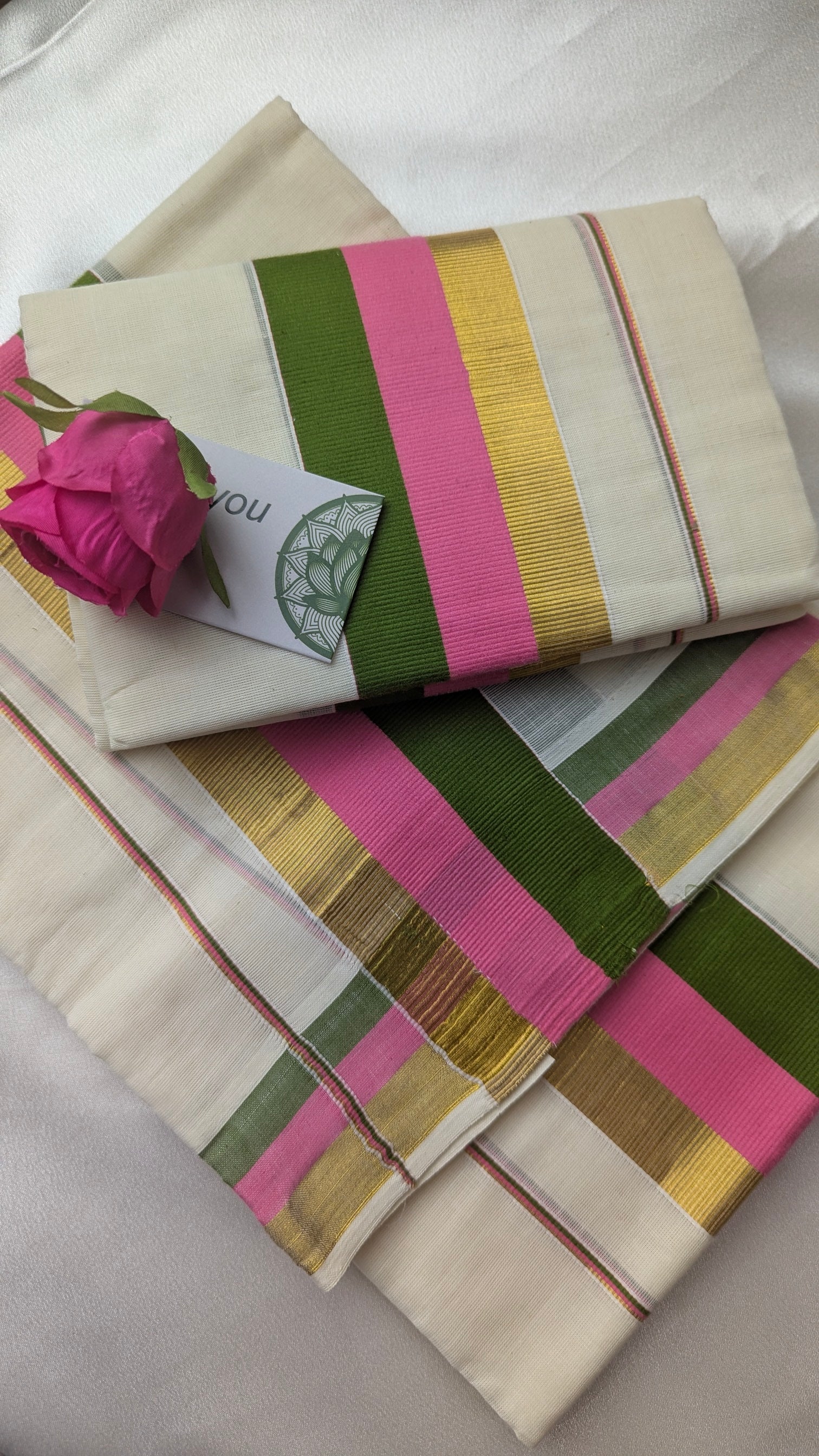 Single Set Mundu in Green & Rose