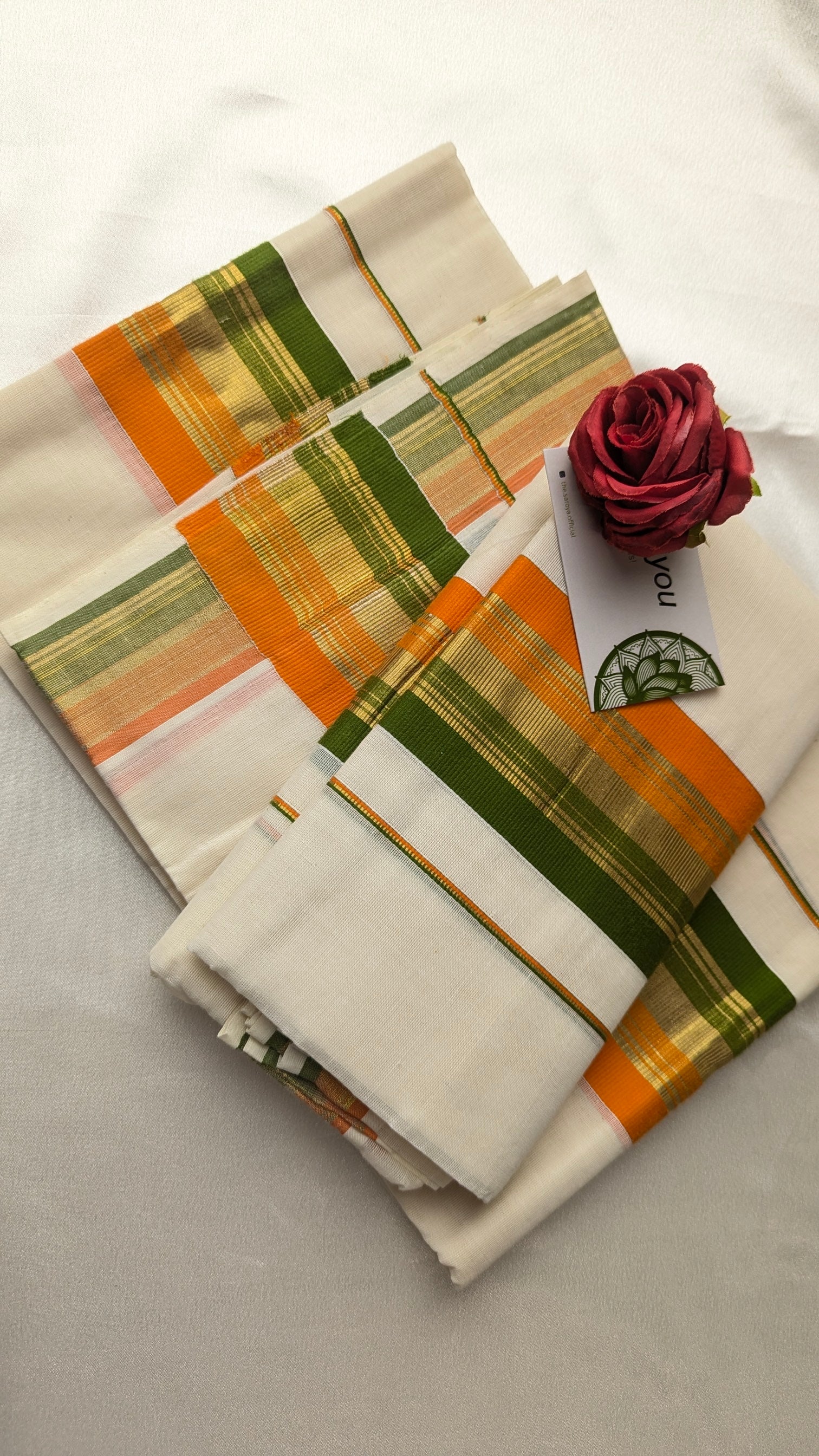 Single Set Mundu in Green & Orange