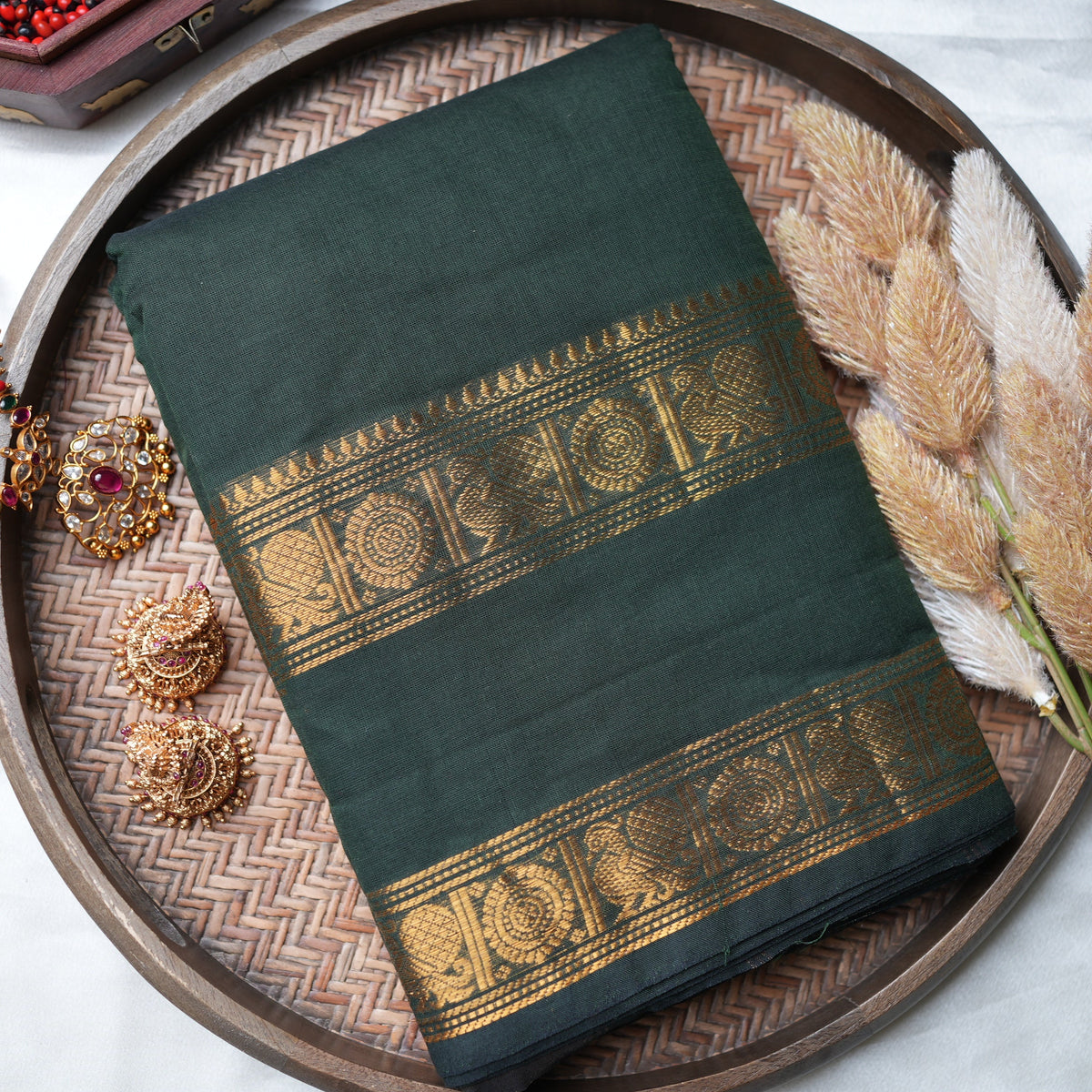 🌲 Bottle Green Kanchi Cotton Saree with Golden Peacock & Chakra Zari Border ✨🥻 - SAROYA