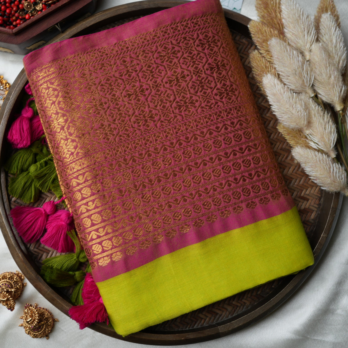 🌿 Chartreuse Lime & Rani Pink Premium Mul Cotton Saree | Rich Gold Zari Pallu by Saroya ✨🥻💚 - SAROYA