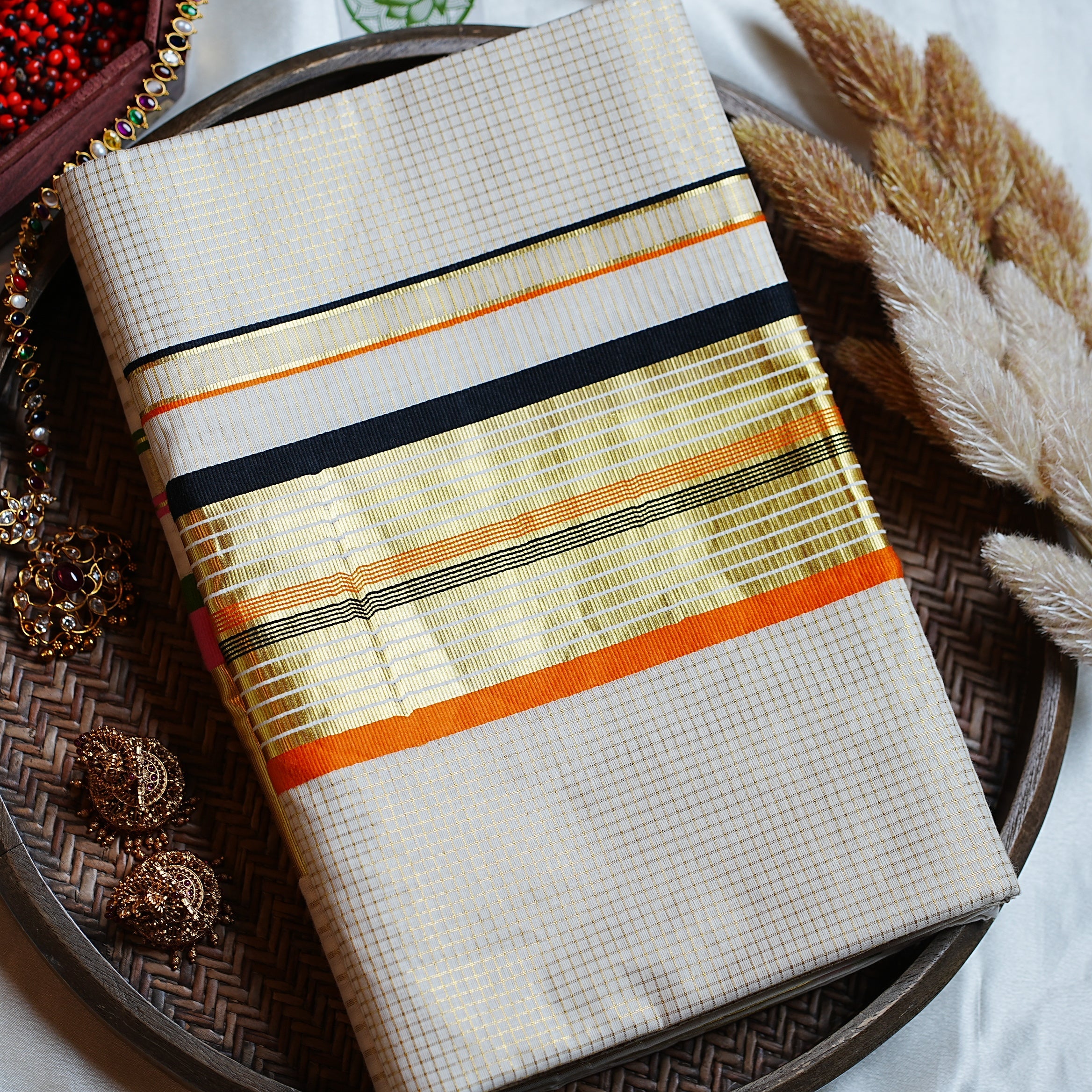 🍊 Classic Golden Check Burnt Orange & Jet Black Cotton Kerala Saree with Running Blouse ✨ - SAROYA