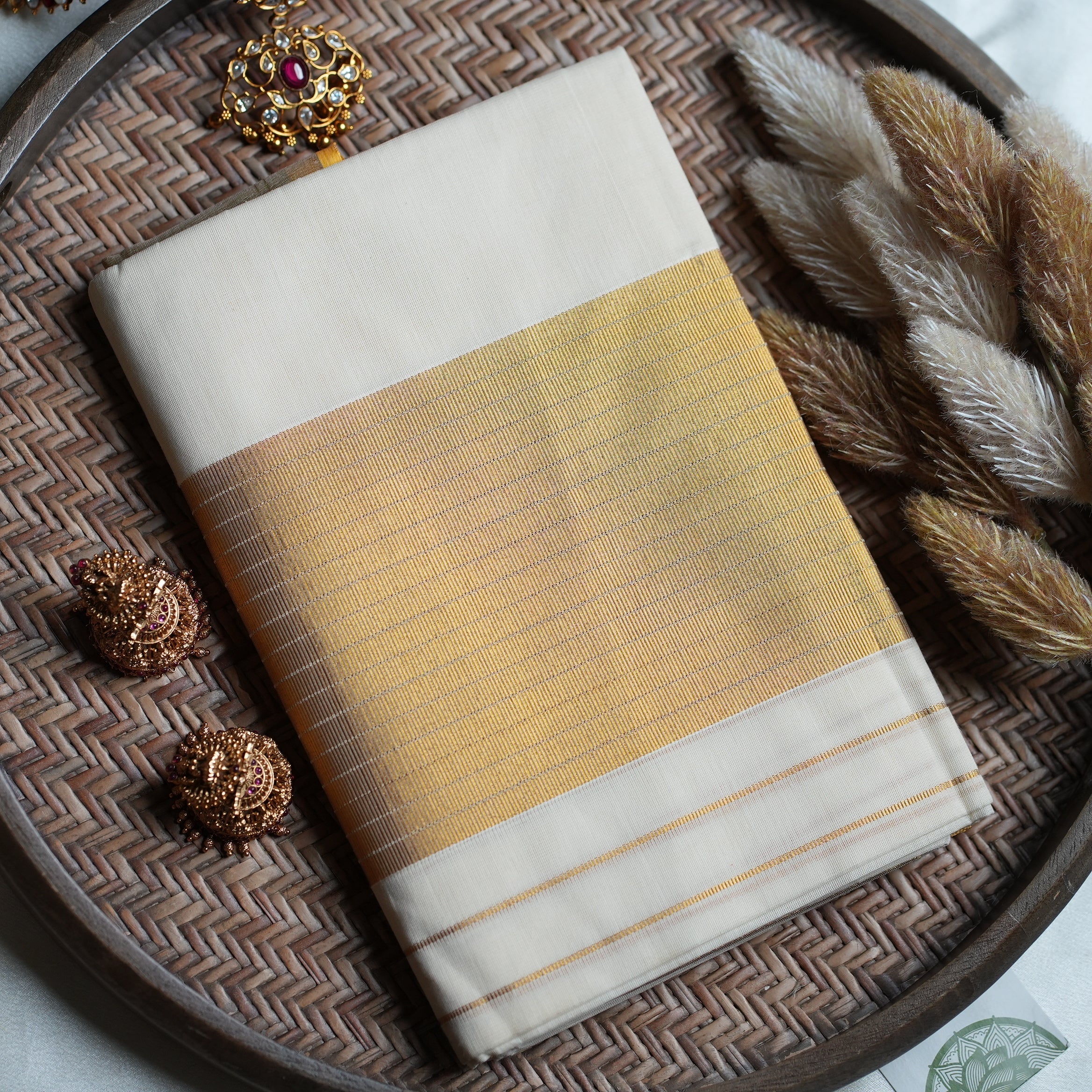 ✨ Classic Off-White & Golden Zari Premium Pure Cotton Handloom Replica Kerala Single Set Mundu 🌾 - SAROYA