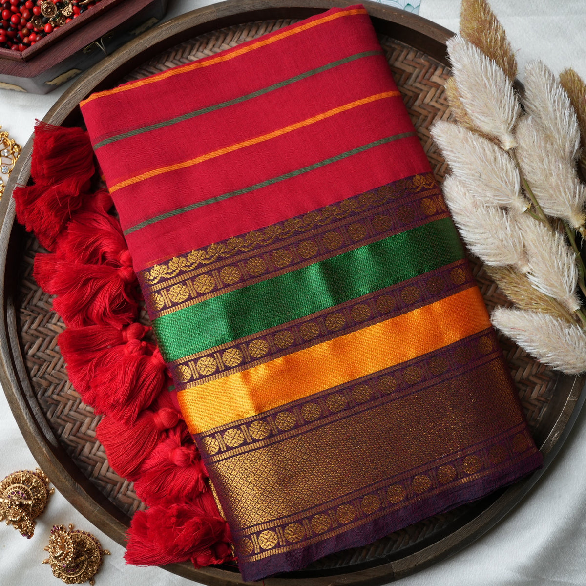 ❤️ Crimson Red Striped Premium Mul Cotton Saree | Temple Zari Border by Saroya ✨🥻💛 - SAROYA