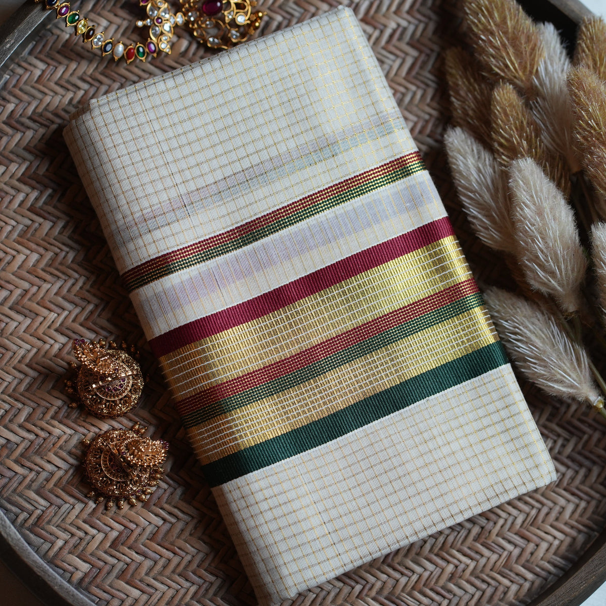 Designer Kerala Set Mundu with Multi-Color Stripes and Golden Zari - SAROYA