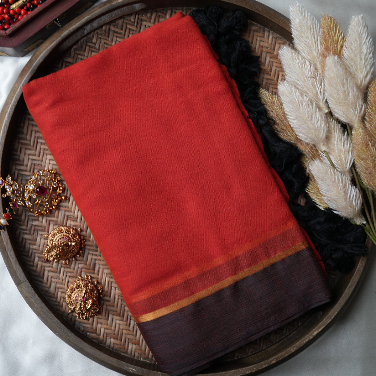❤️ Fiery Crimson Red Pure Mul Cotton Saree with Chocolate Brown Border & Statement Tassels ✨🖤 - SAROYA