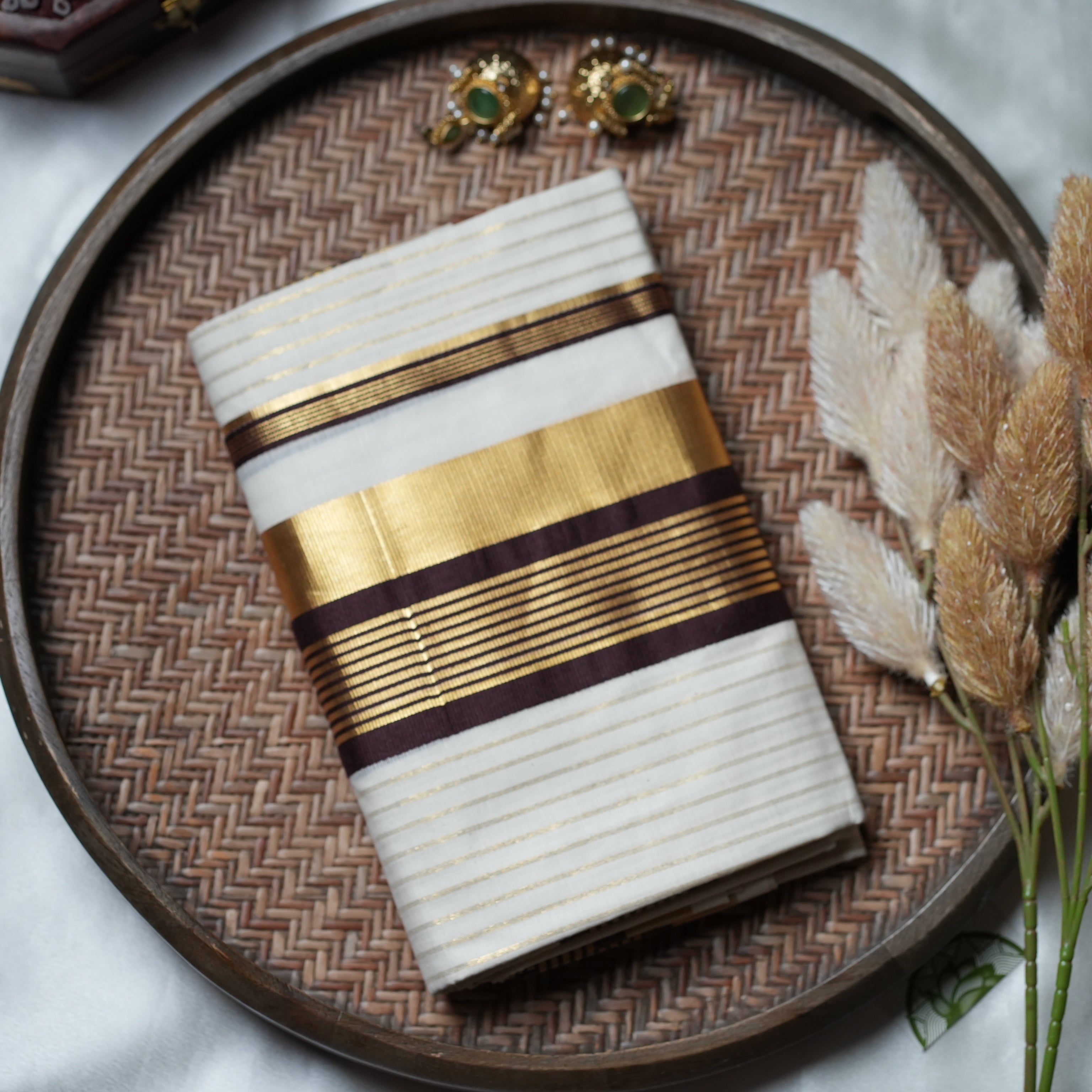 ✨ Golden Horizon: The Imperial Zari Stripe Kerala Set Mundu in Chocolate Brown ✨ - SAROYA