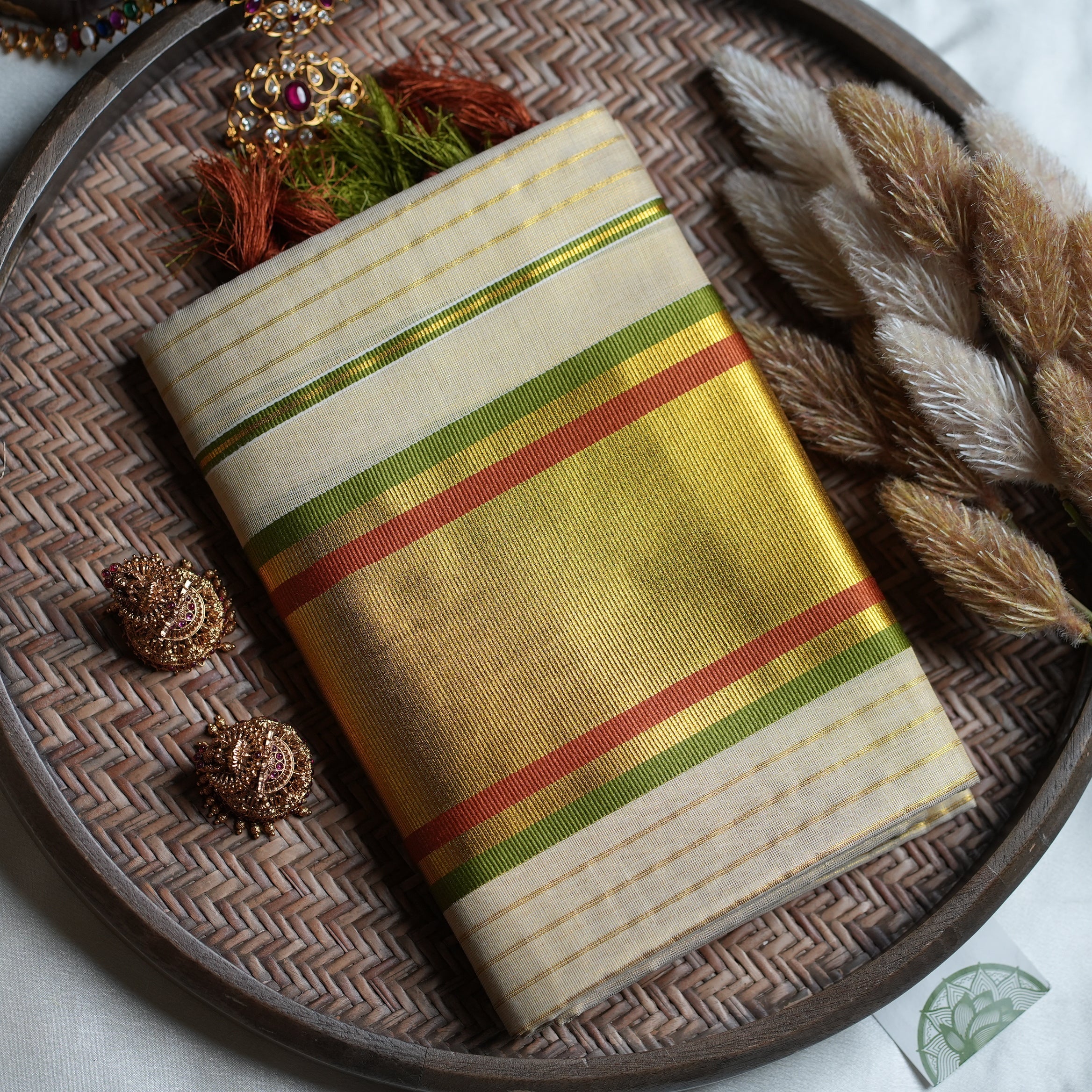 ✨ Golden Tissue Kerala Set Mundu with Olive Green & Rust Red Border 🌿 - SAROYA