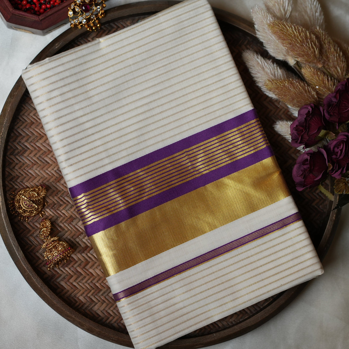 💜 Golden Zari Stripes & Deep Violet Accent: Premium Cotton Kerala Saree ✨ - SAROYA