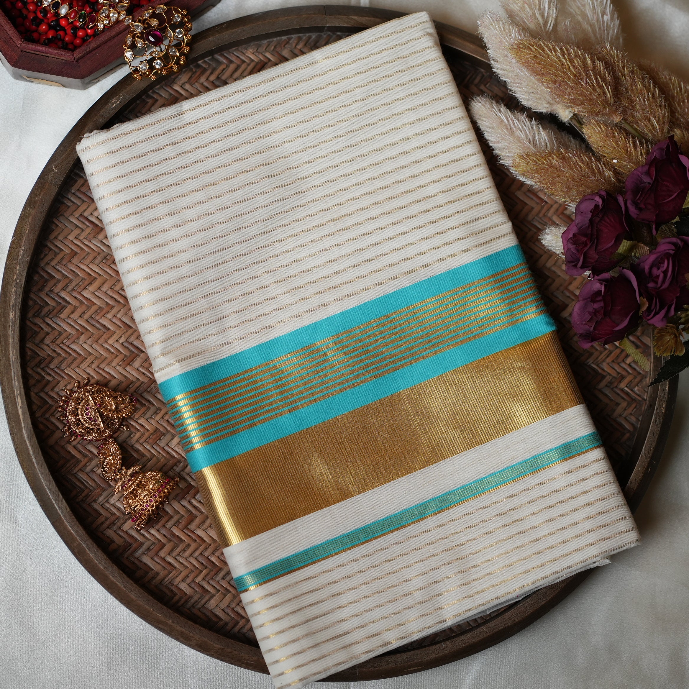 🌊 Golden Zari Stripes & Turquoise Blue: Premium Cotton Kerala Saree ✨ - SAROYA