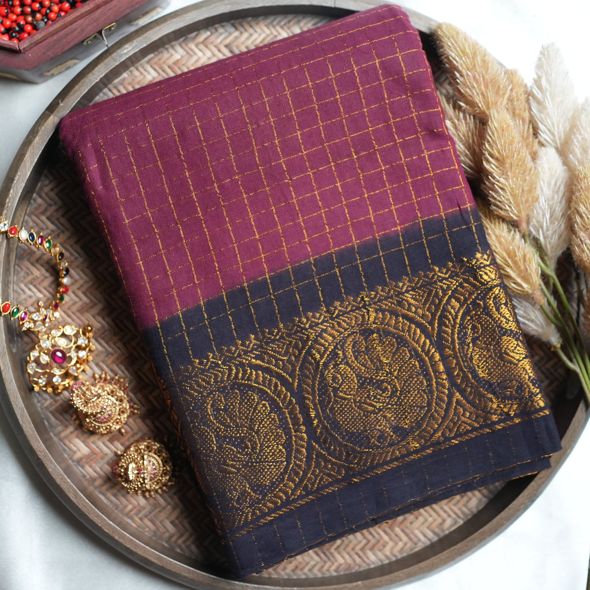 🍇 Magenta Maroon & Midnight Blue Zari Check Sungudi Cotton Saree 🌟 - SAROYA