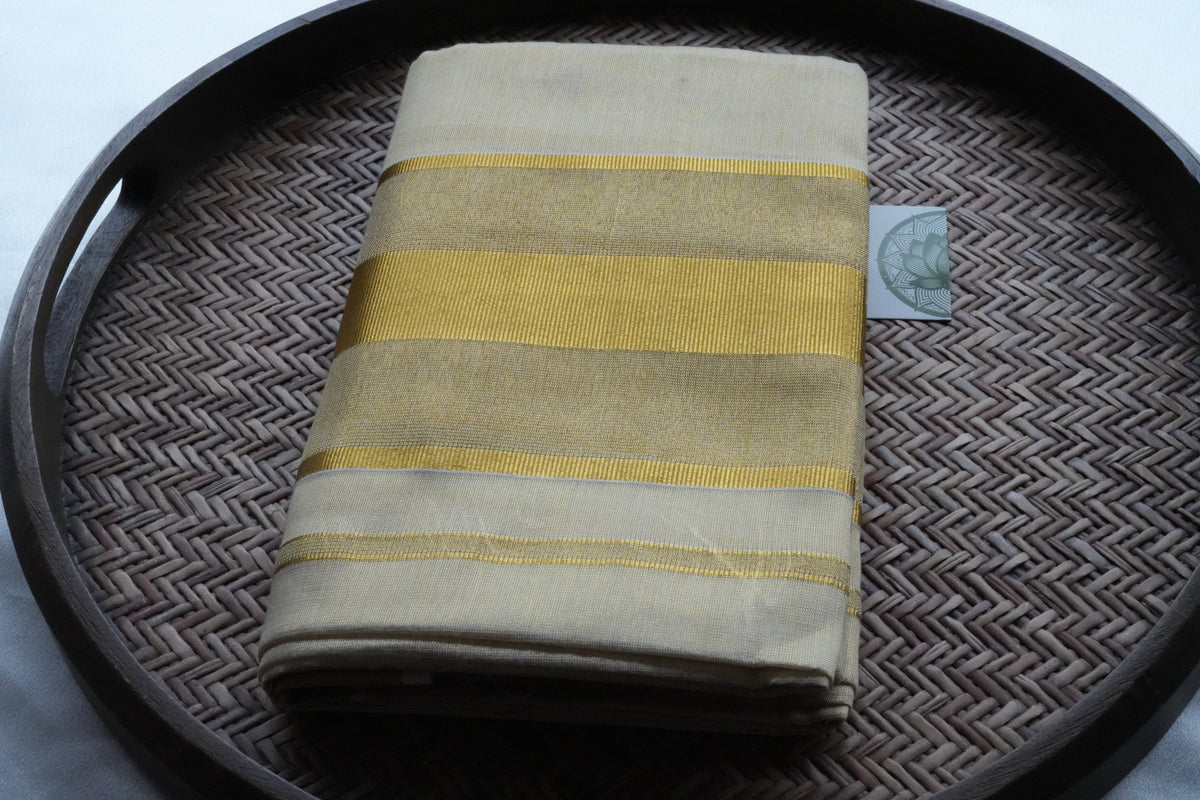 Majestic Pale Gold Tissue Kerala Single Set Mundu with Broad Kasavu Borders (With Matching Blouse) - SAROYA
