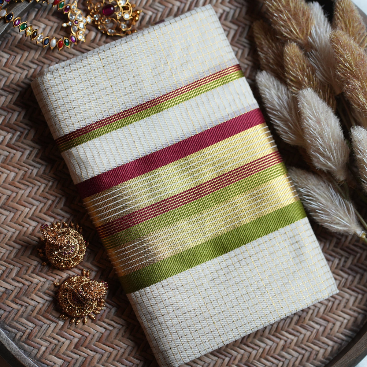 🍃 Maroon & Olive Green Cotton Kerala Set Mundu with Gold Kasavu Stripes 🌟 - SAROYA