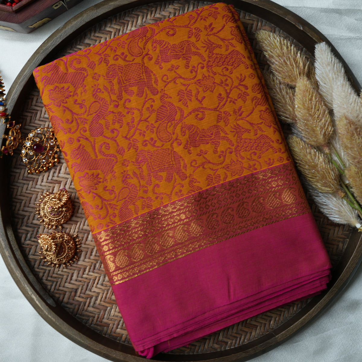 Mustard & Pink Vanasingaram Kanchi Cotton Saree with Jacquard Animal Motifs - SAROYA