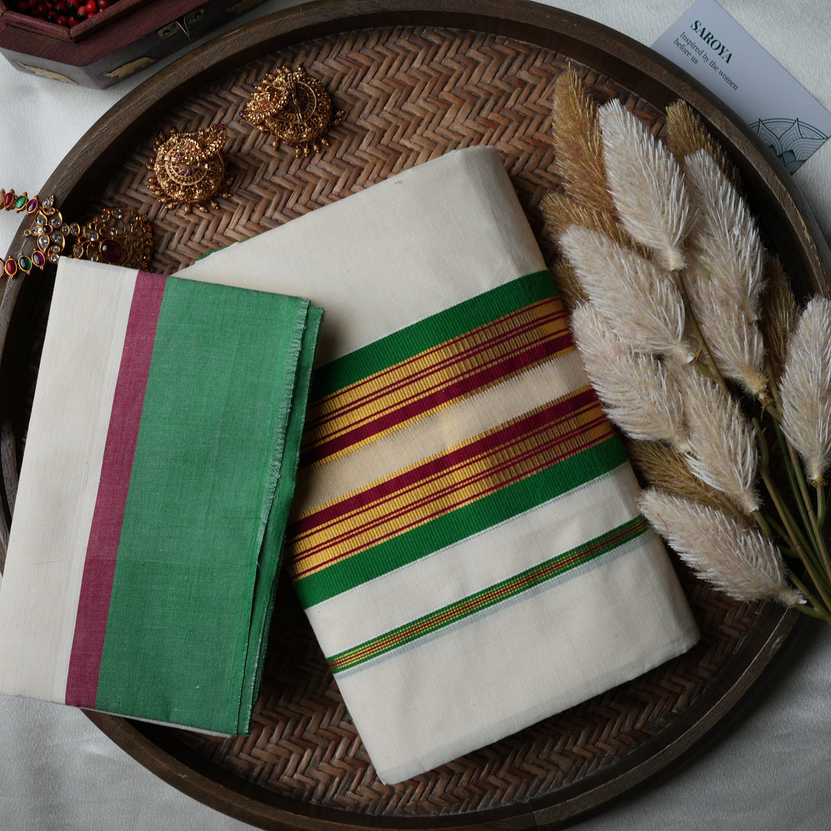 🌿 Off-White & Leaf Green Handloom Replica Pure Cotton Set Mundu with Maroon Stripe & Unstitched Blouse Piece by Saroya ✨🥻💚 - SAROYA