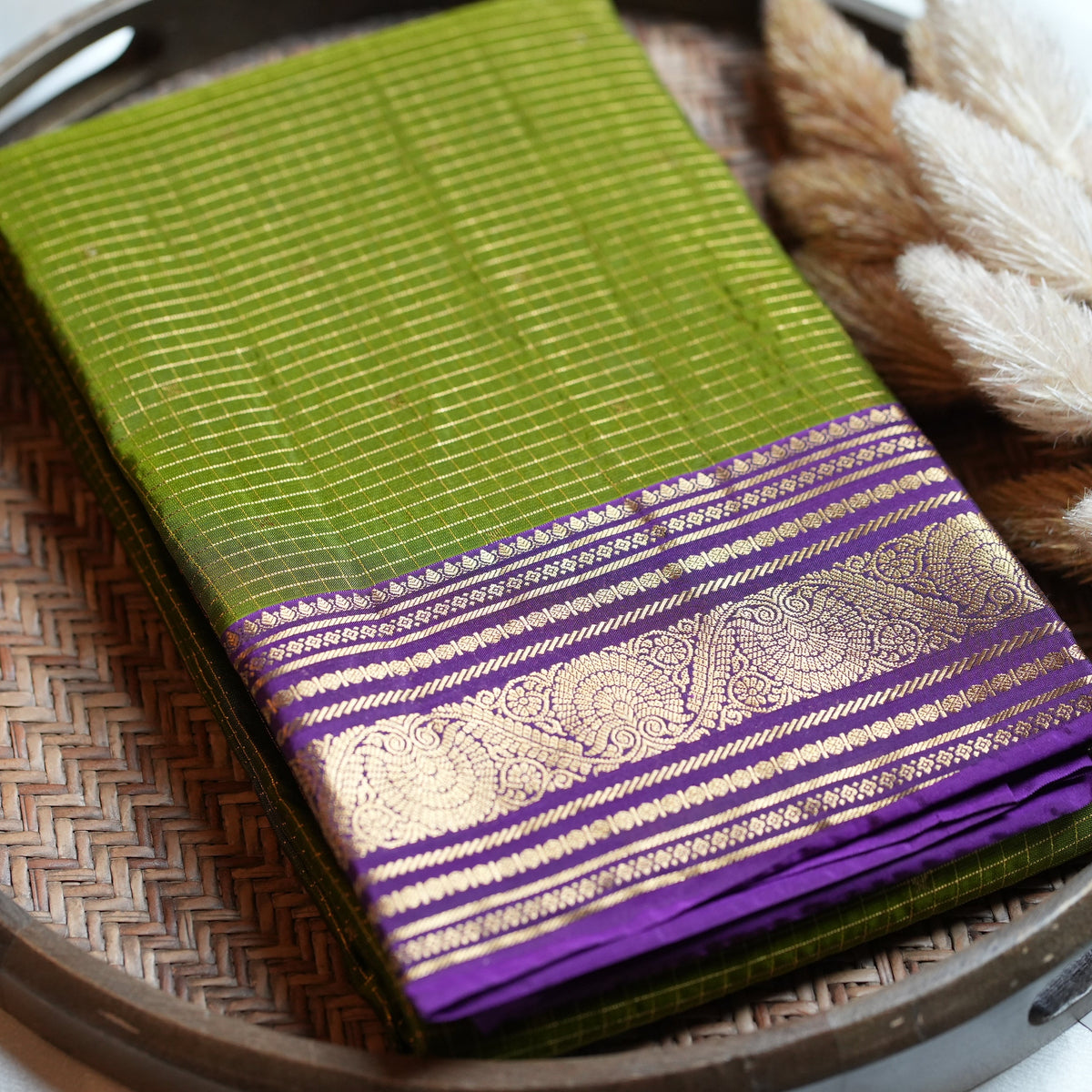 Olive Green Pure Kancheepuram Silk Saree with Purple Zari Border - SAROYA