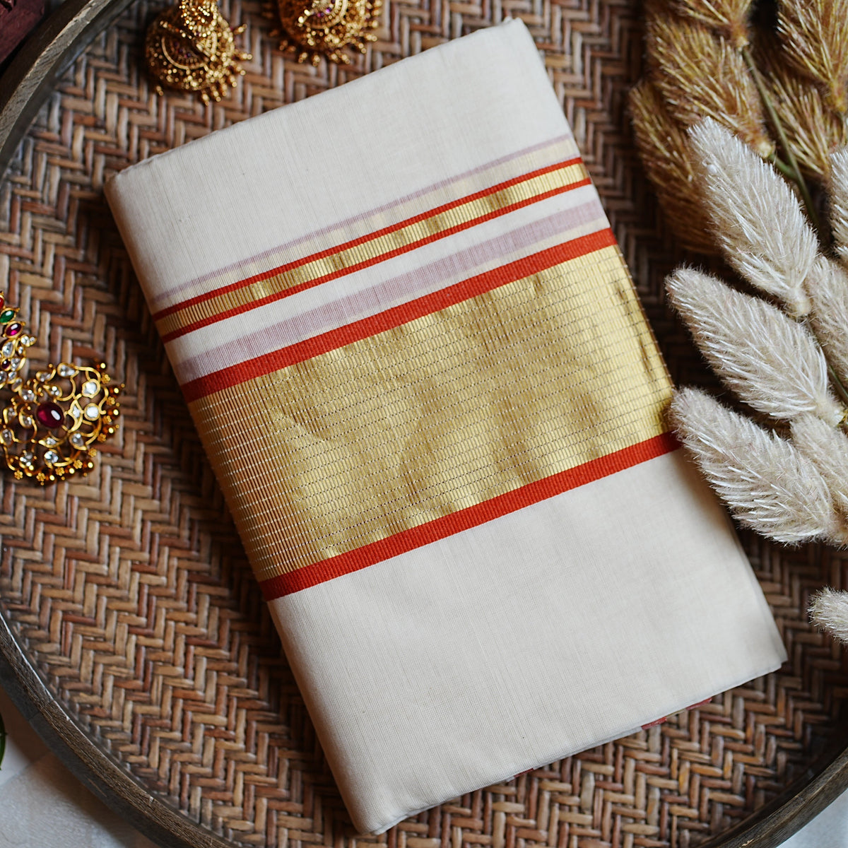 Premium Balaramapuram Unakkapavu Pure Cotton Handloom Set Mundu - SAROYA