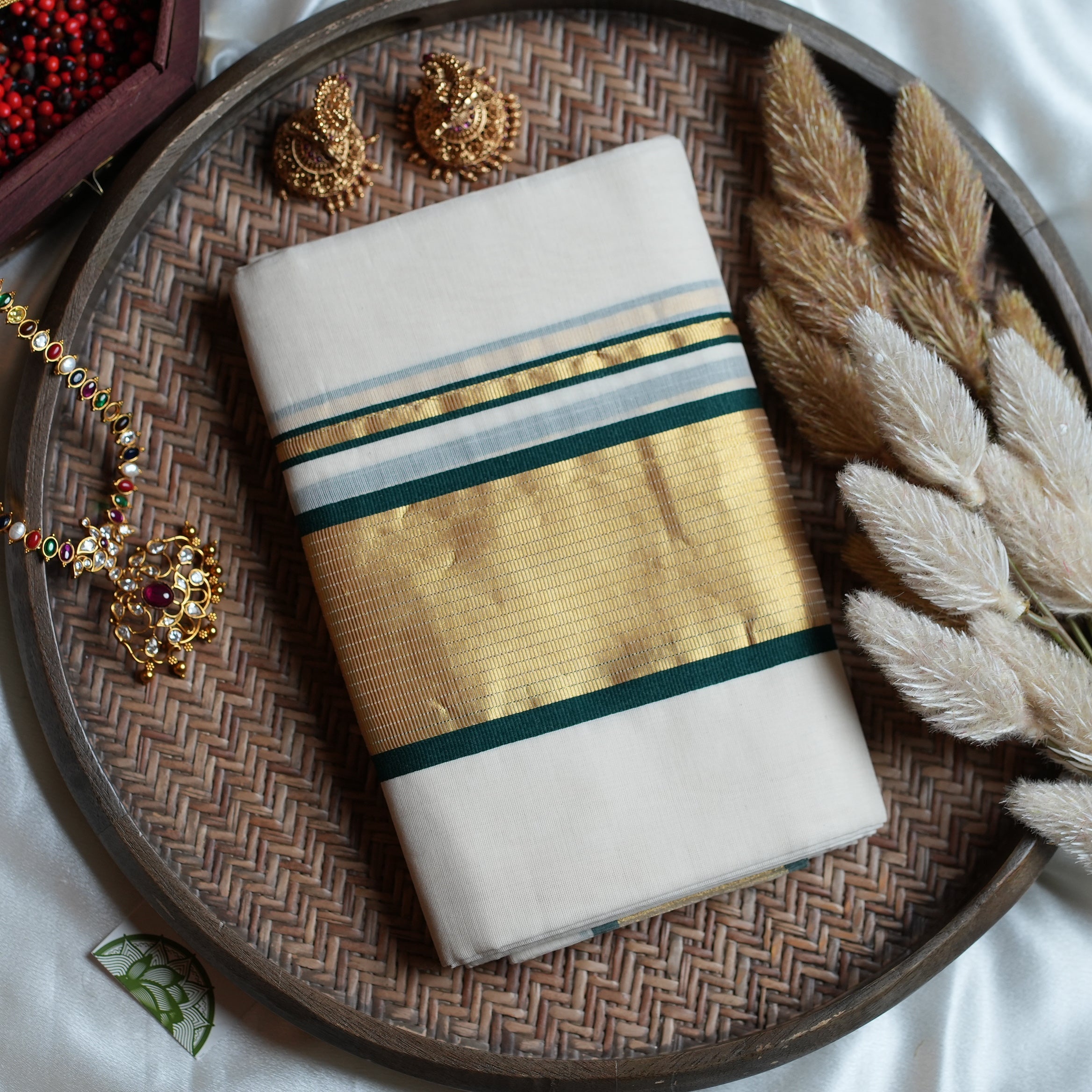 Premium Balaramapuram Unakkapavu Pure Cotton Handloom Set Mundu with Bottle Green Stripes - SAROYA