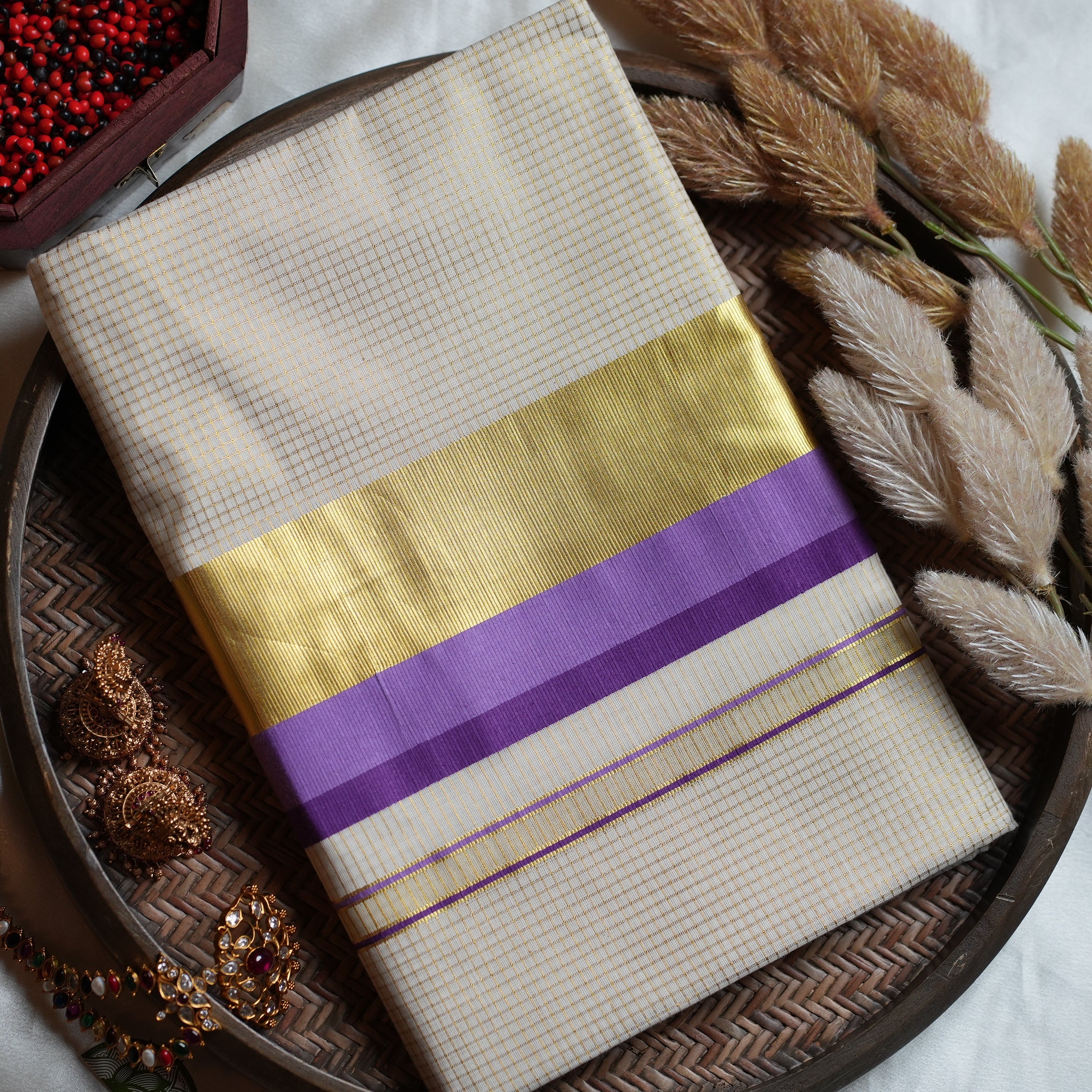 💜 Premium Cotton Checked Kerala Saree with Royal Purple Kasavu Border ✨ - SAROYA