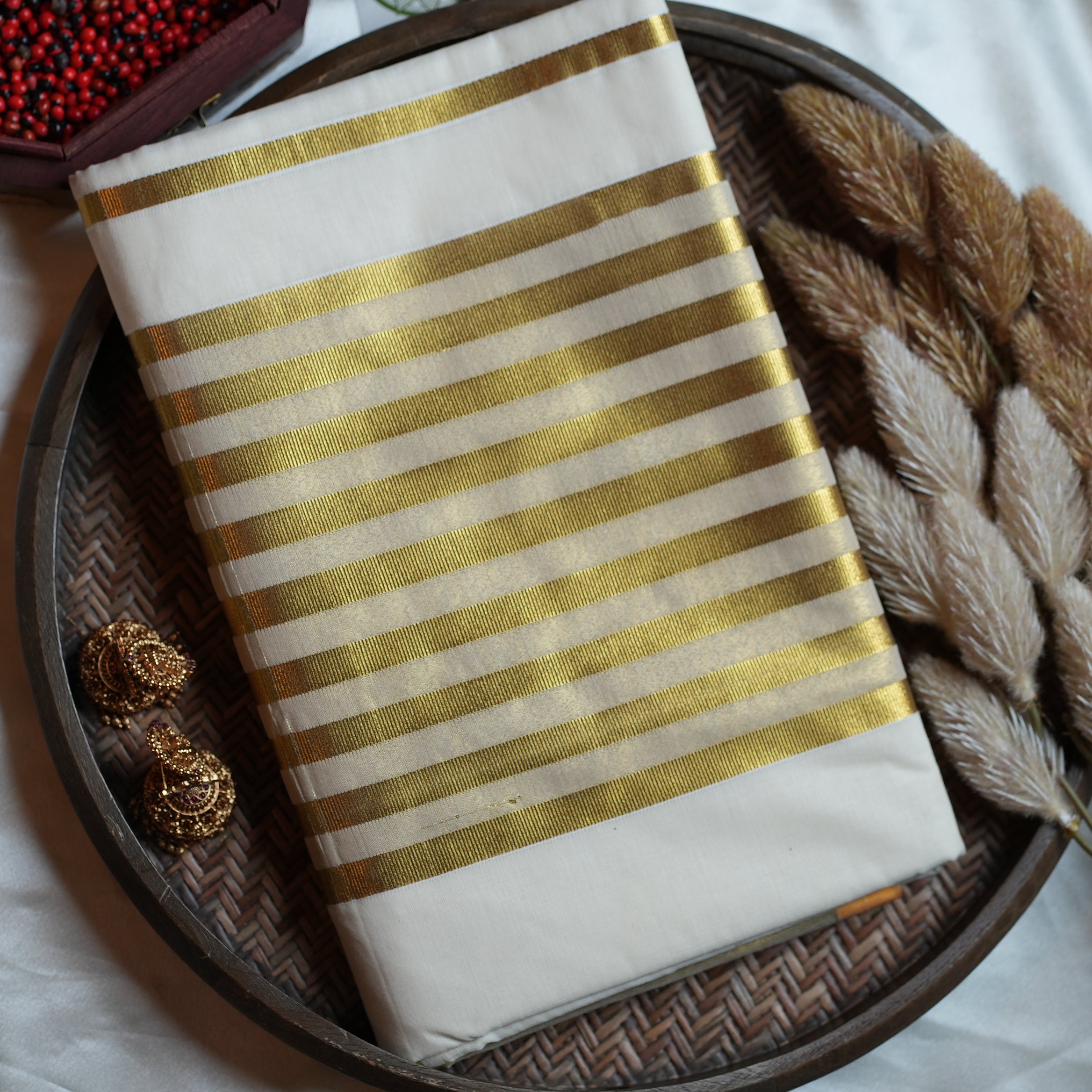 🪷 Premium Cotton Striped & Lotus Motif Kerala Saree with Golden Kasavu ✨ - SAROYA