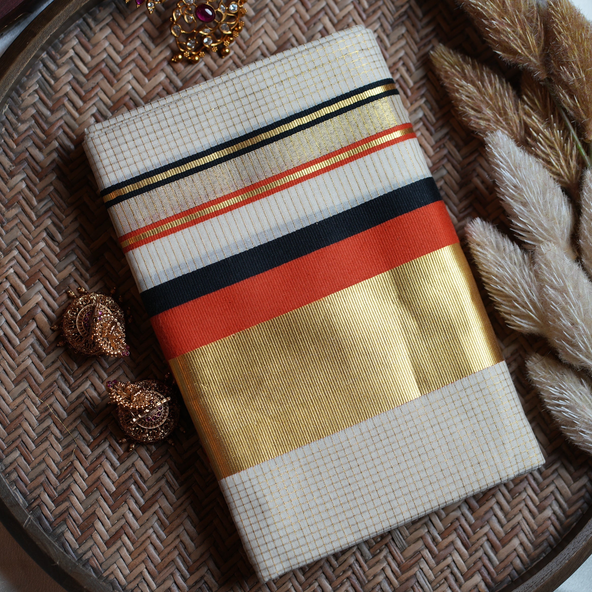 Premium Kerala Single Set Mundu with Brick Red and Multi-Color Borders - SAROYA
