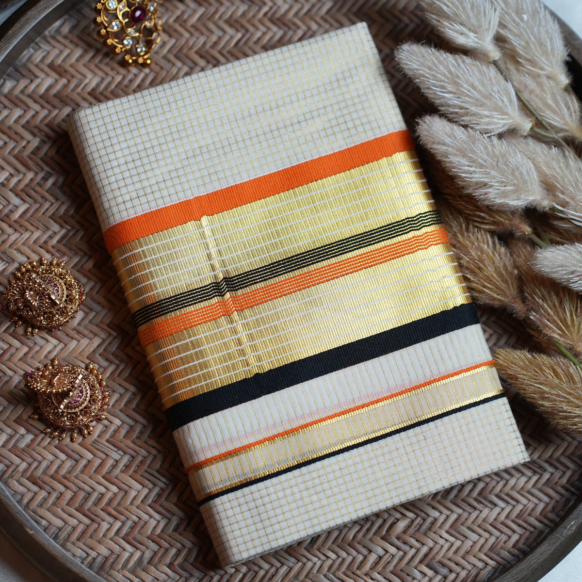 🍊 Premium Off-White Kerala Cotton Single Set Mundu with Orange, Black & Handloom-Grade Kasavu Borders ✨🌾 - SAROYA