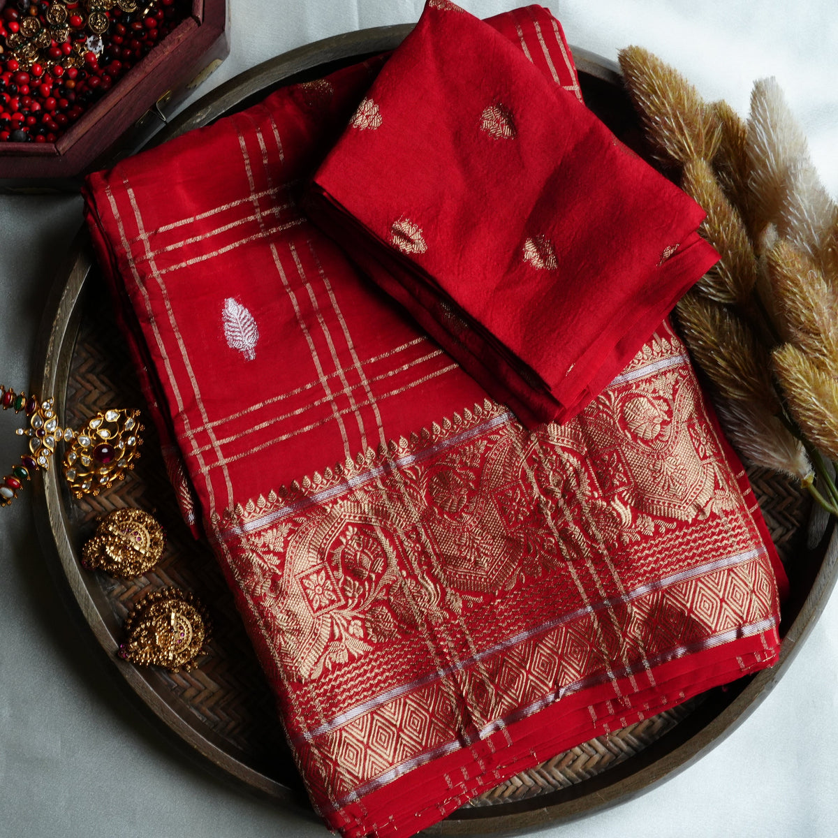 ❤️️ Radiant Crimson Red Viscose Crepe Saree with Rich Gold & Silver Zari Weave ✨💃 - SAROYA