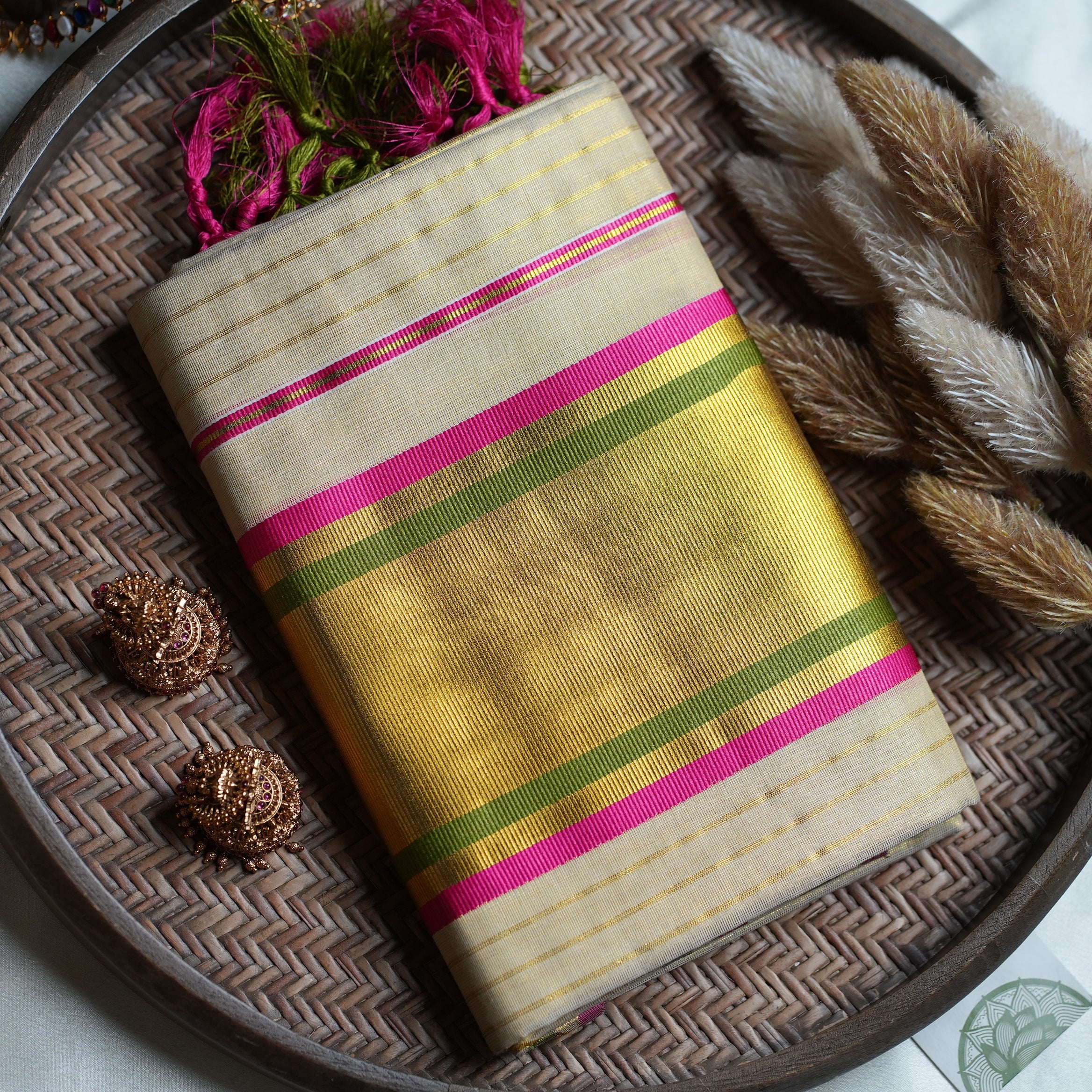 ✨ Radiant Golden Tissue Kerala Set Mundu with Rani Pink & Olive Green Border 🌸 - SAROYA
