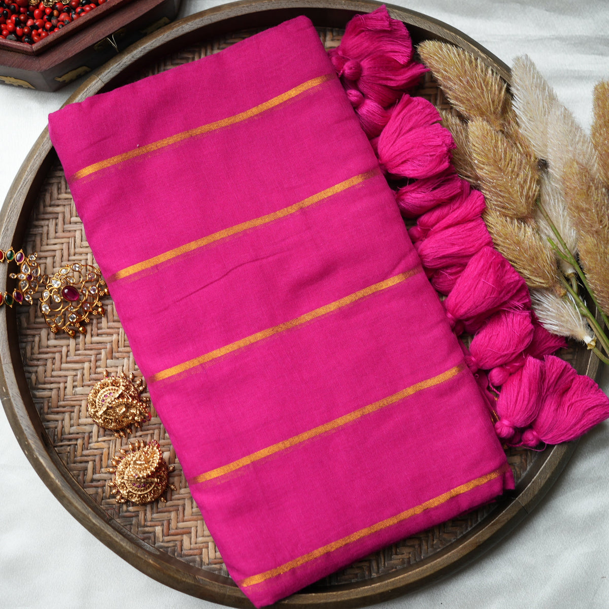 💖 Radiant Rani Pink Pure Mul Cotton Saree with Golden Zari Stripes & Bouncy Tassels ✨🥻 - SAROYA