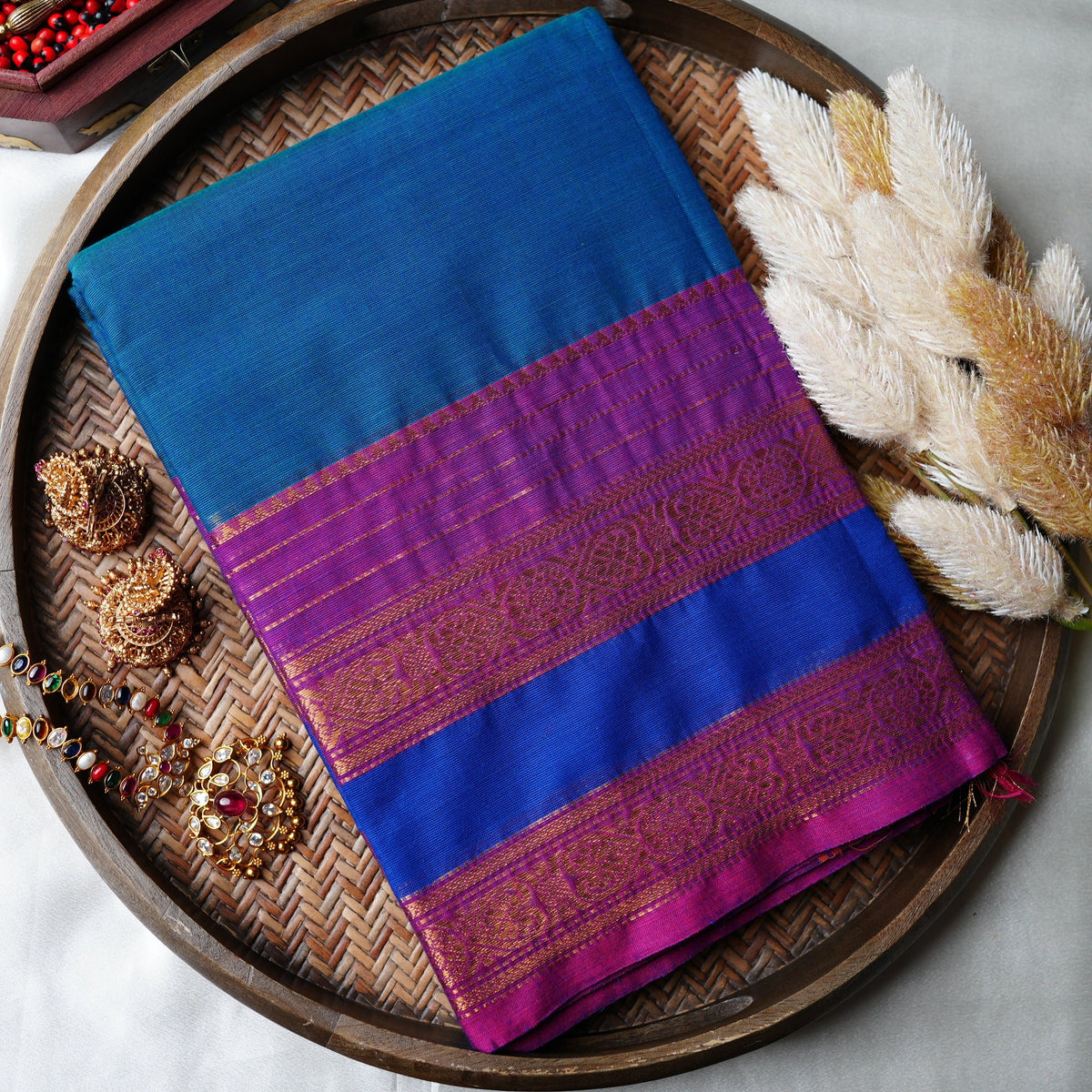 💙 Royal Blue & Teal Kanchi Cotton Saree with Magenta Zari Border ✨🥻 - SAROYA
