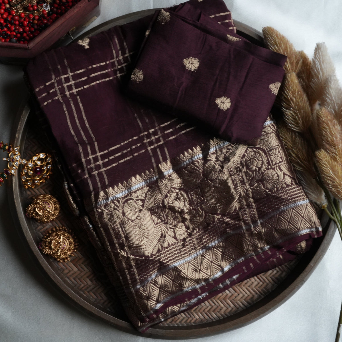 🍇 Royal Deep Wine Viscose Crepe Saree with Golden Zari Checks & Intricate Weave ✨🍷 - SAROYA