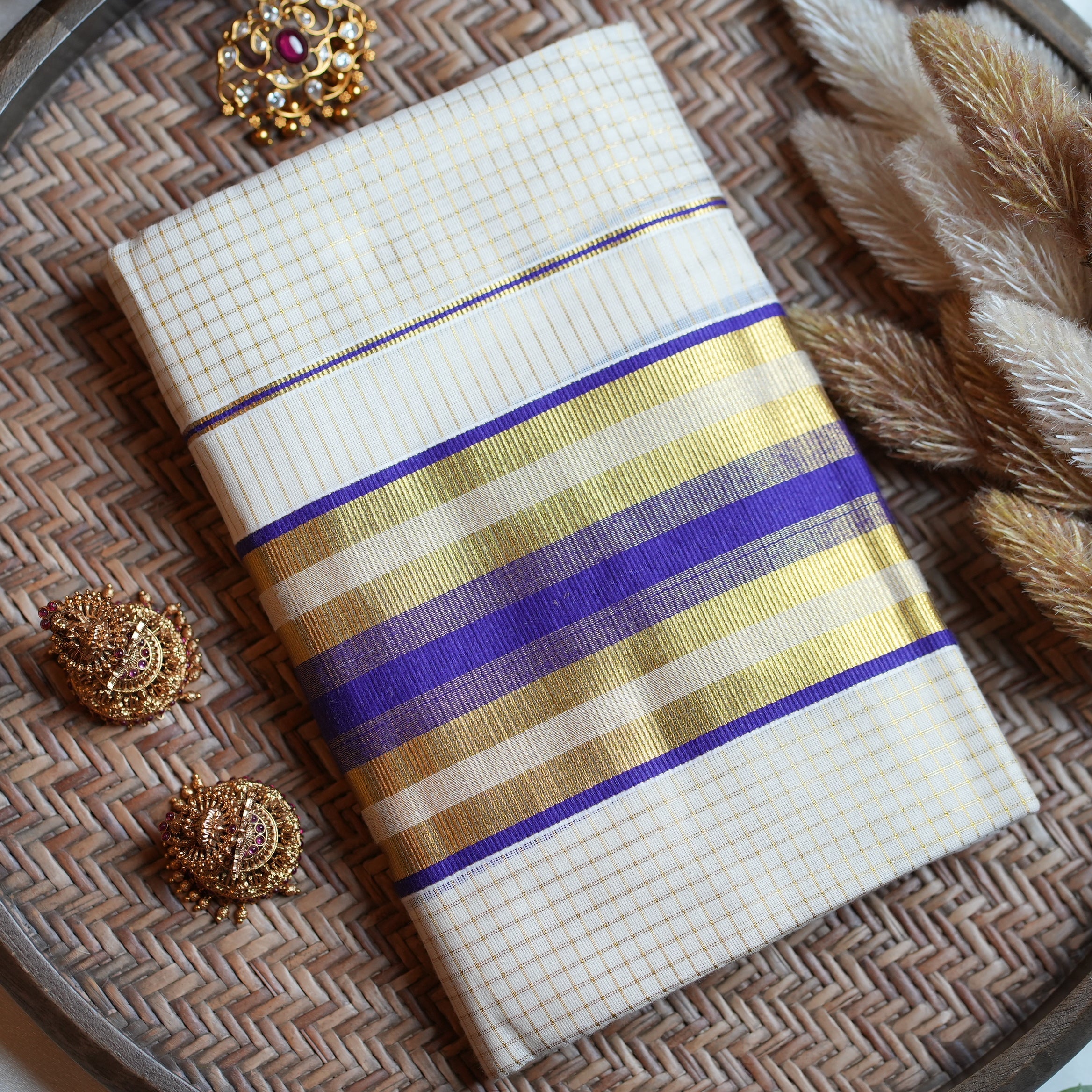 💜 Royal Purple & Gold Checked Cotton Kerala Single Set Mundu ✨ - SAROYA