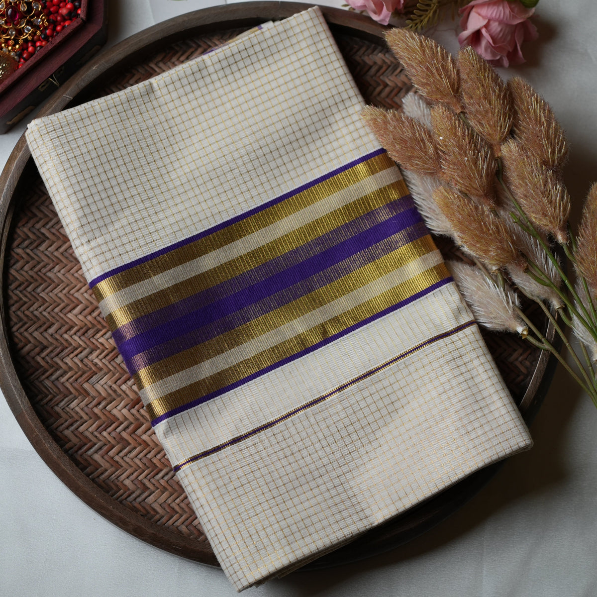 Royal Violet & Golden Grid: The Premium Pure Cotton Kerala Saree 💜 - SAROYA
