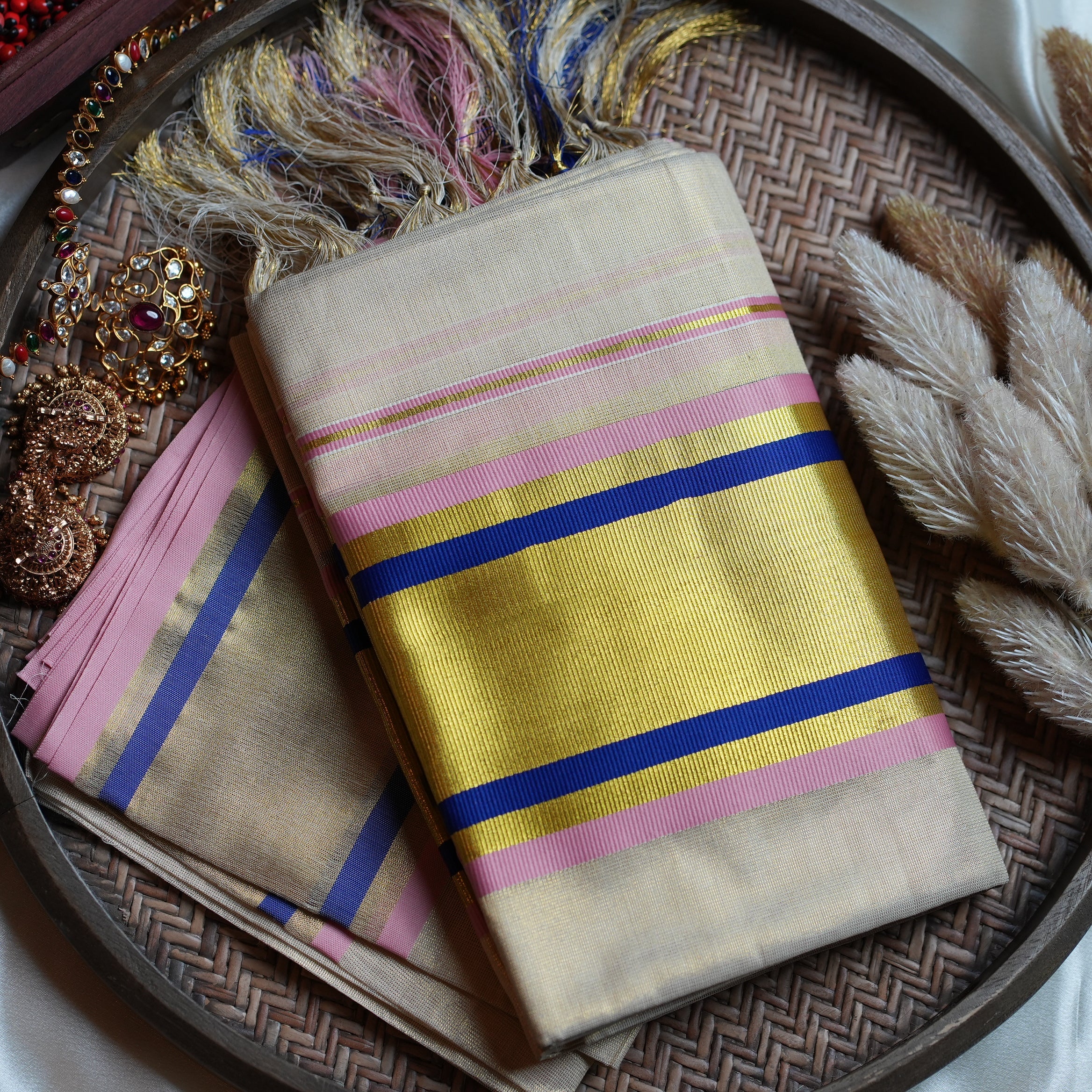 🌸 Shimmering Rose & Royal Blue Tissue Set Mundu with Matching Blouse Piece ✨ - SAROYA