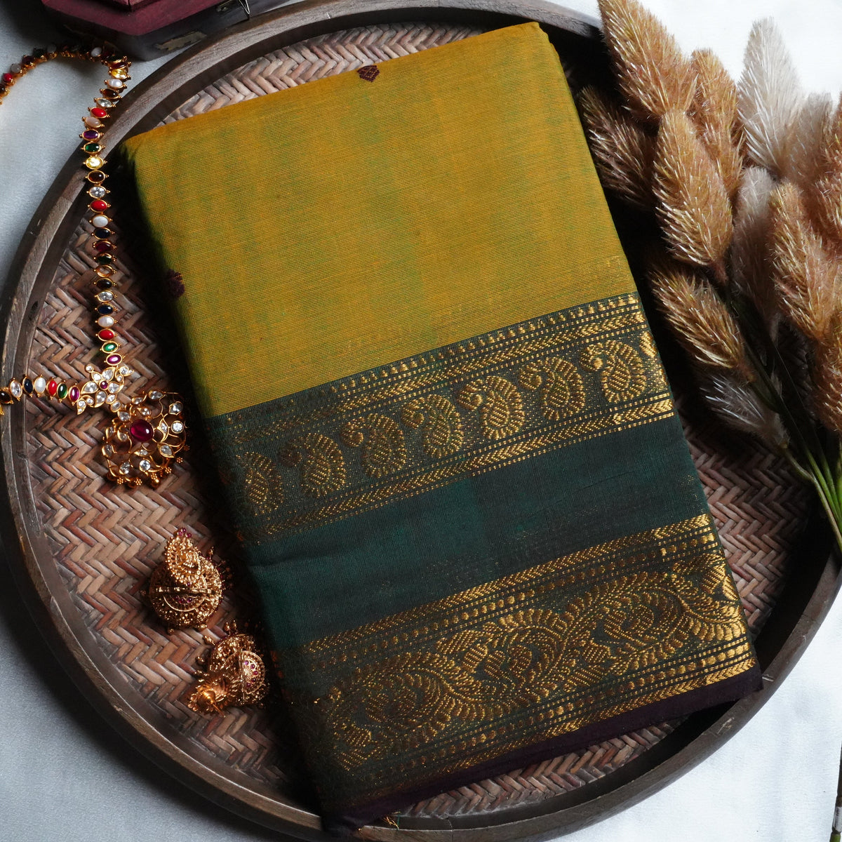Stately Forest Green and Olive Kanchi Cotton Saree - SAROYA