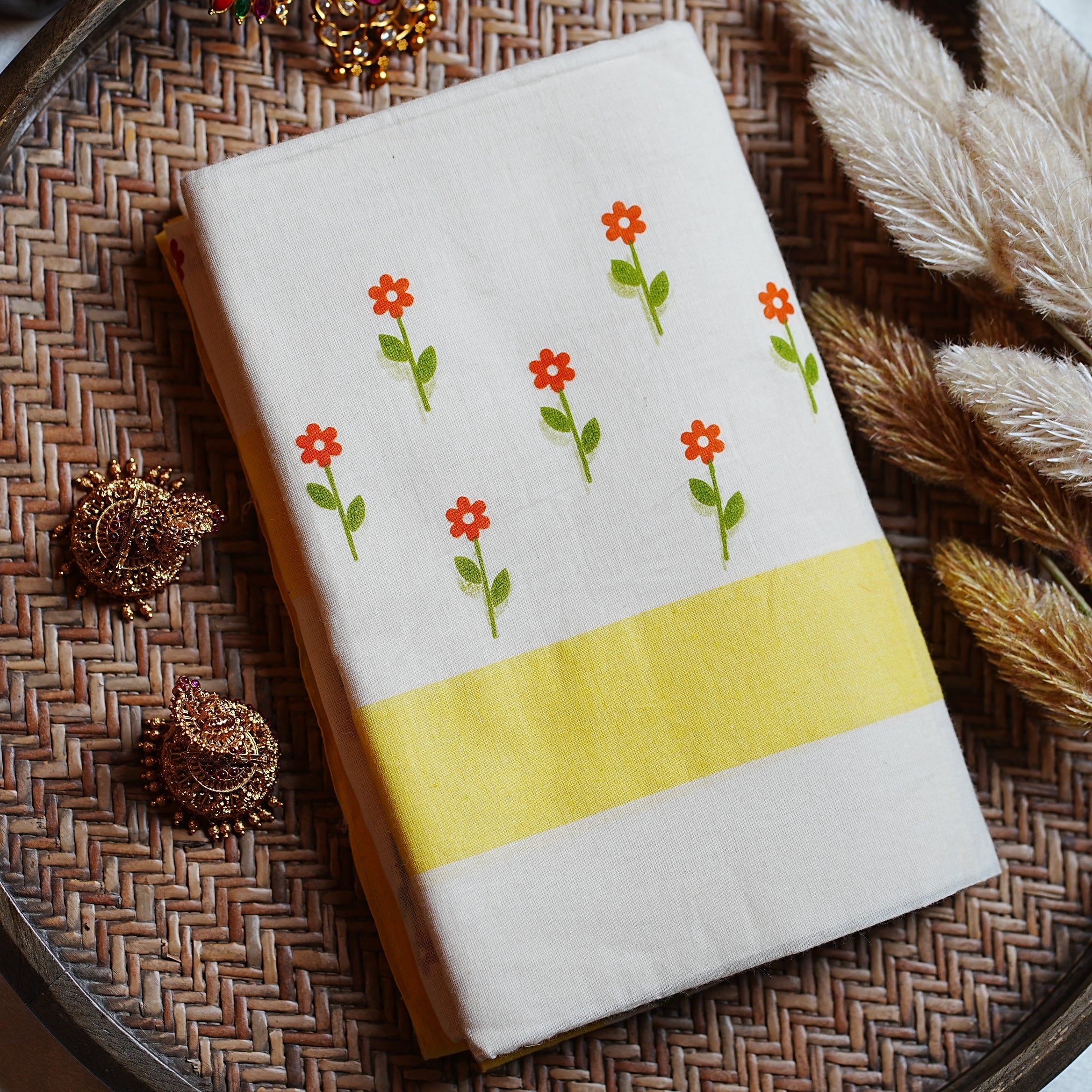 🌼 Sunlit Yellow & Floral Block Prints Mulloth Design Cotton Single Set Mundu ☀️ - SAROYA