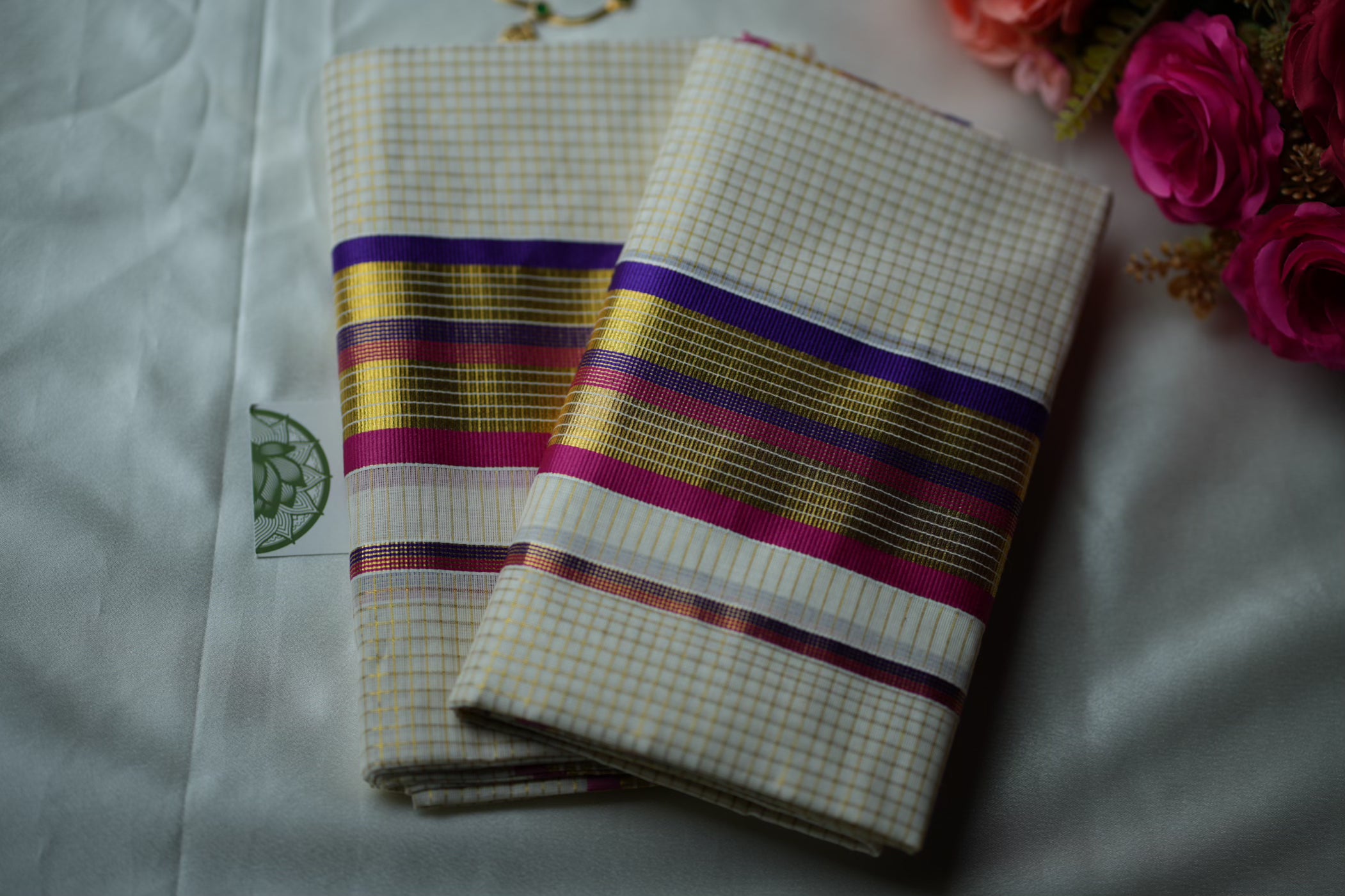 Multi-Color Border Kerala Kasavu Set Mundu in Royal Purple & Magenta