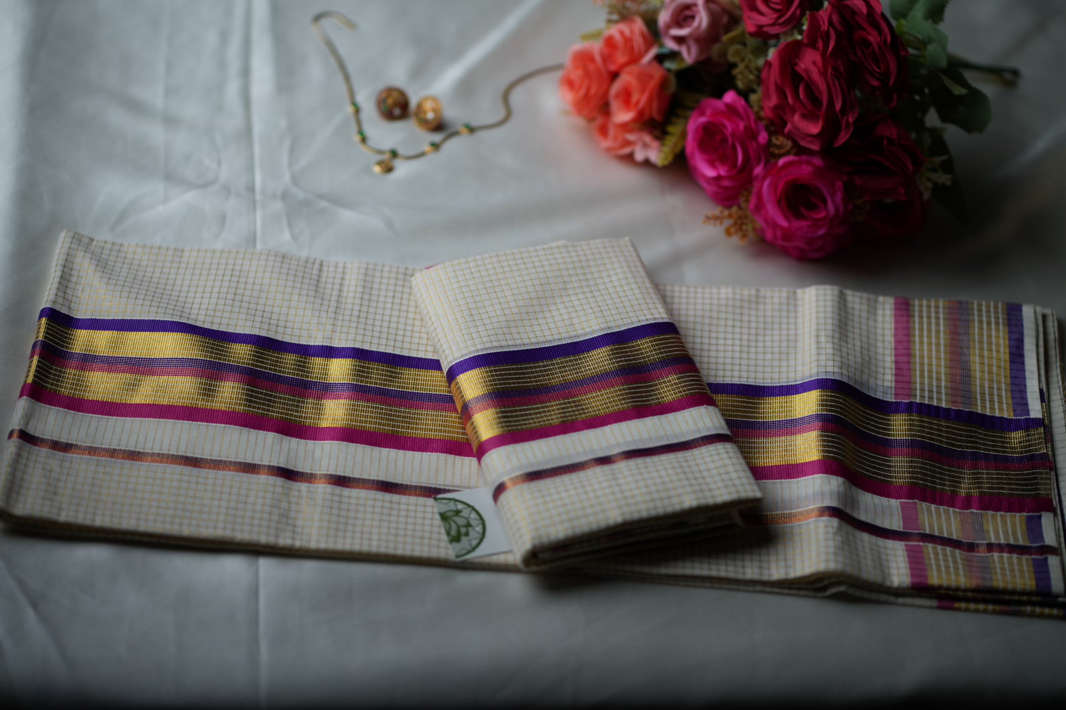 Multi-Color Border Kerala Kasavu Set Mundu in Royal Purple & Magenta