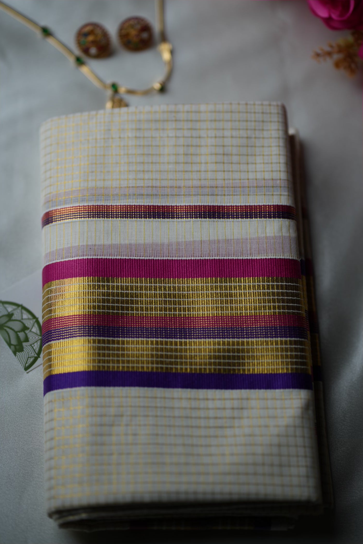 Multi-Color Border Kerala Kasavu Set Mundu in Royal Purple & Magenta