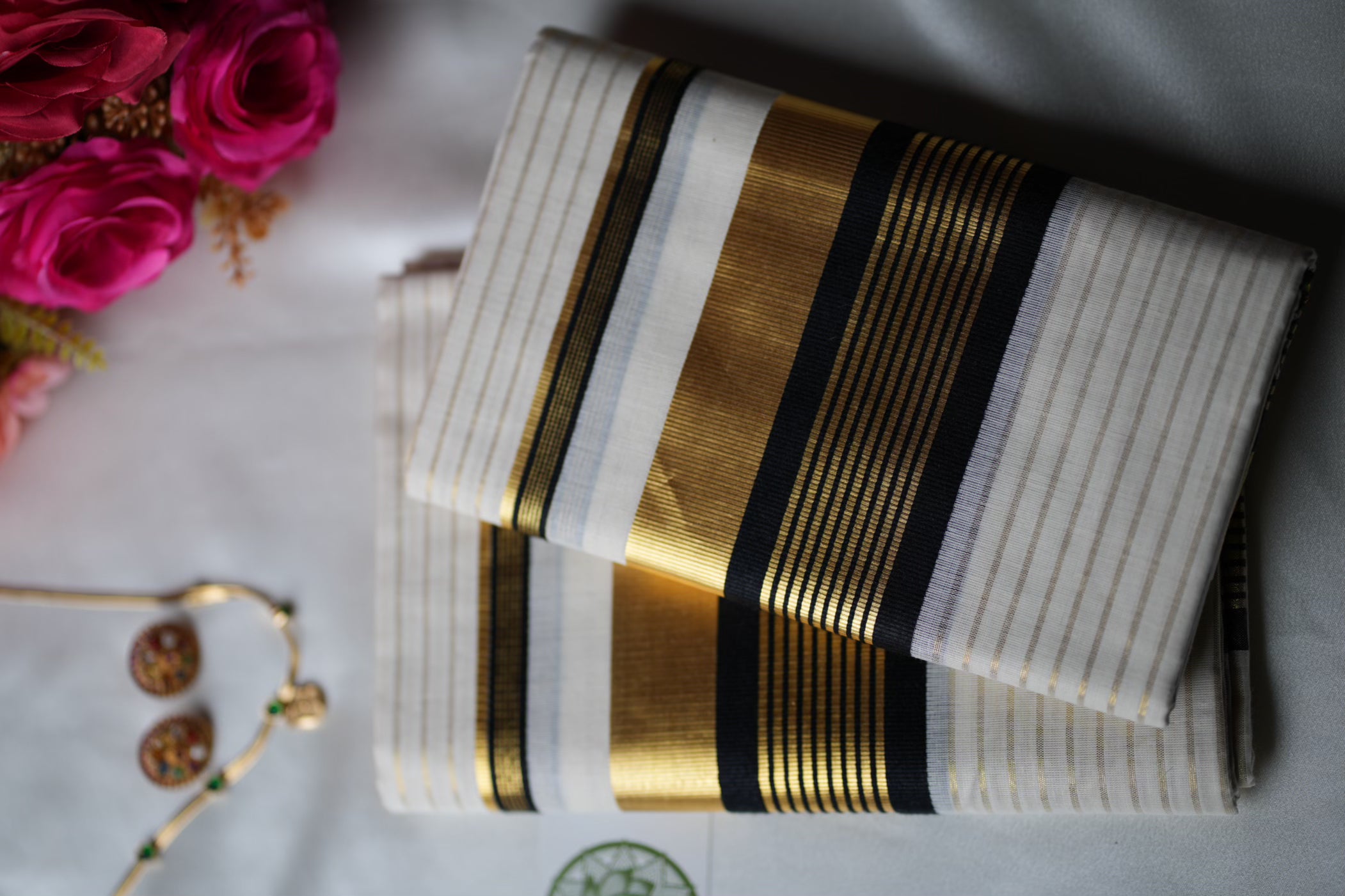 Midnight Black & Gold Premium Handloom Replica Kerala Set Mundu