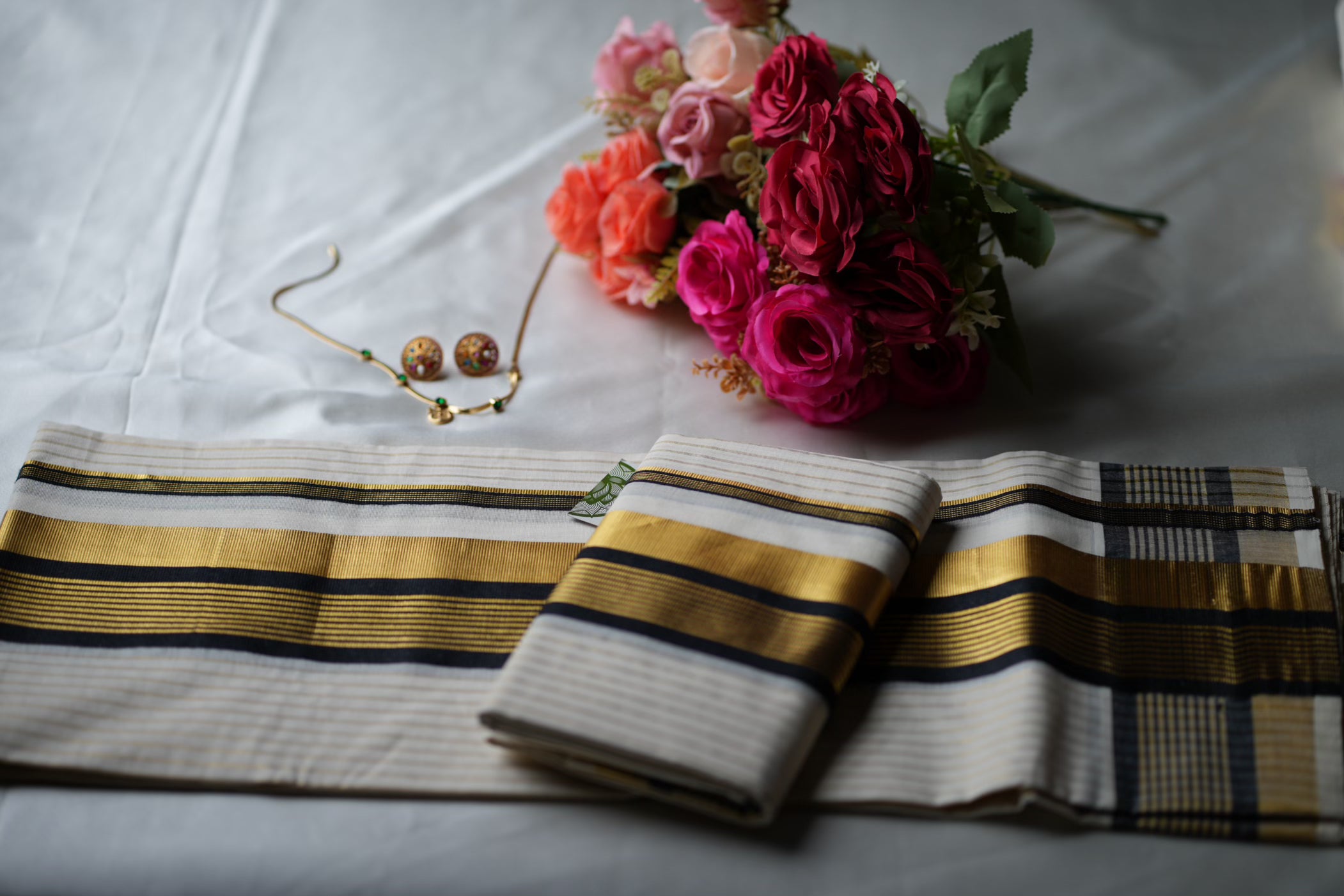 Midnight Black & Gold Premium Handloom Replica Kerala Set Mundu